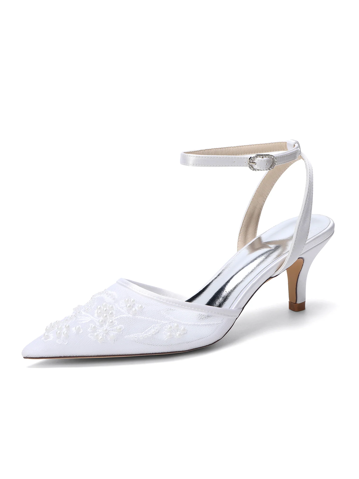 Pointed Toe Lace Mesh & Satin Kitten Heel Sandals - Image 6