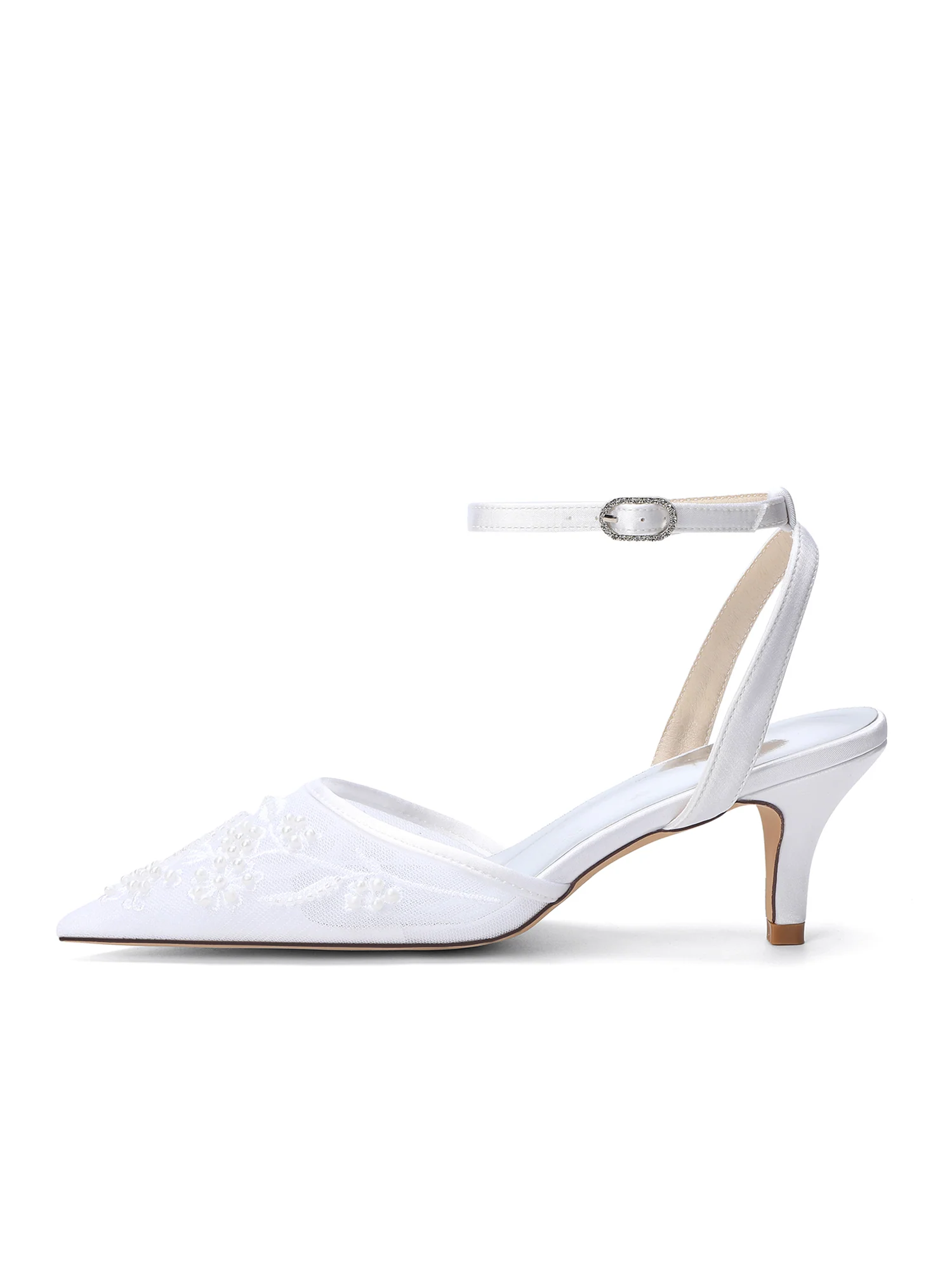 Pointed Toe Lace Mesh & Satin Kitten Heel Sandals - Image 7