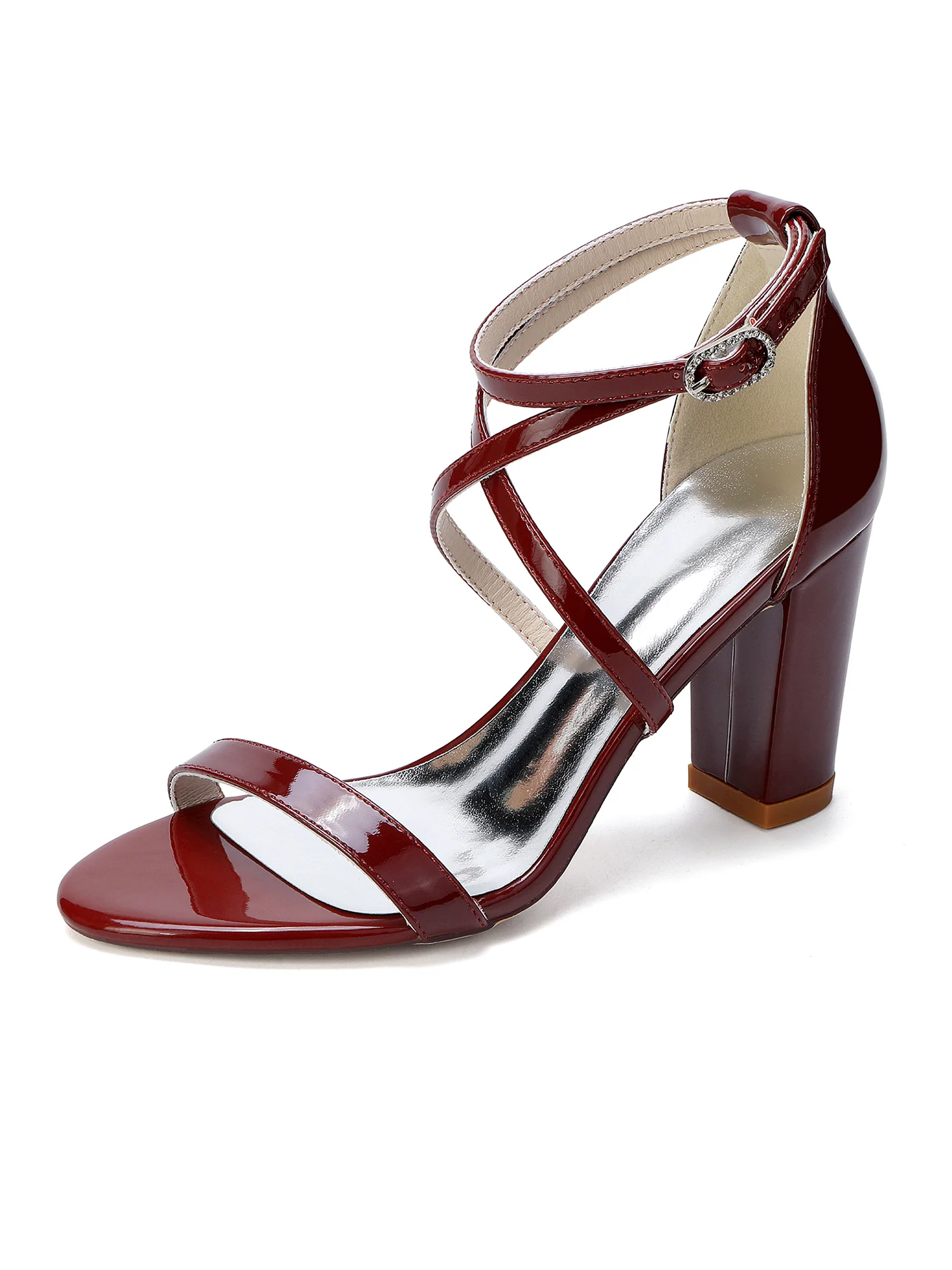 Patent Leather Crisscross Strap Block Heel Sandals - Image 2