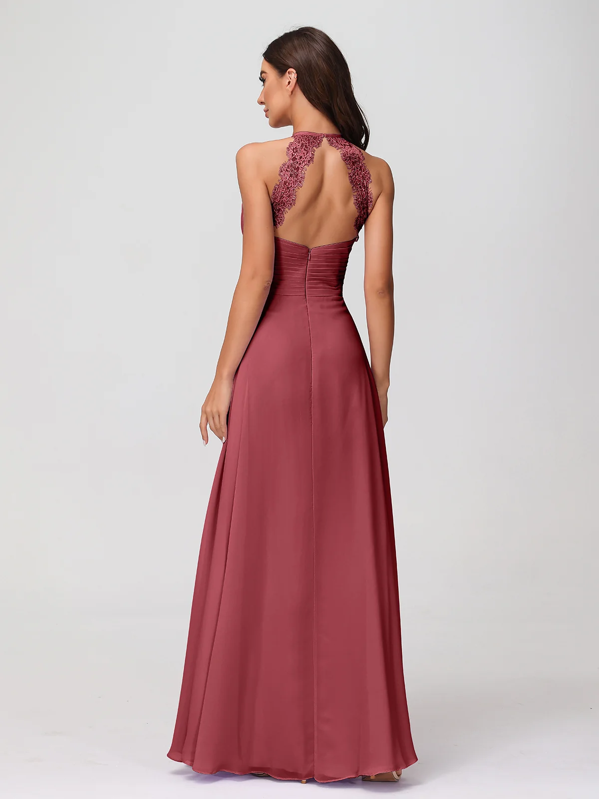 Halter Chiffon Long Gown With Lace Strap Cinnamon Rose - Image 2