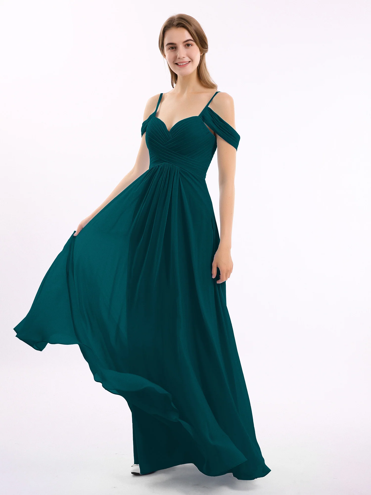 Off Shoulder Spaghetti Strap Chiffon Dresses Pine - Image 3