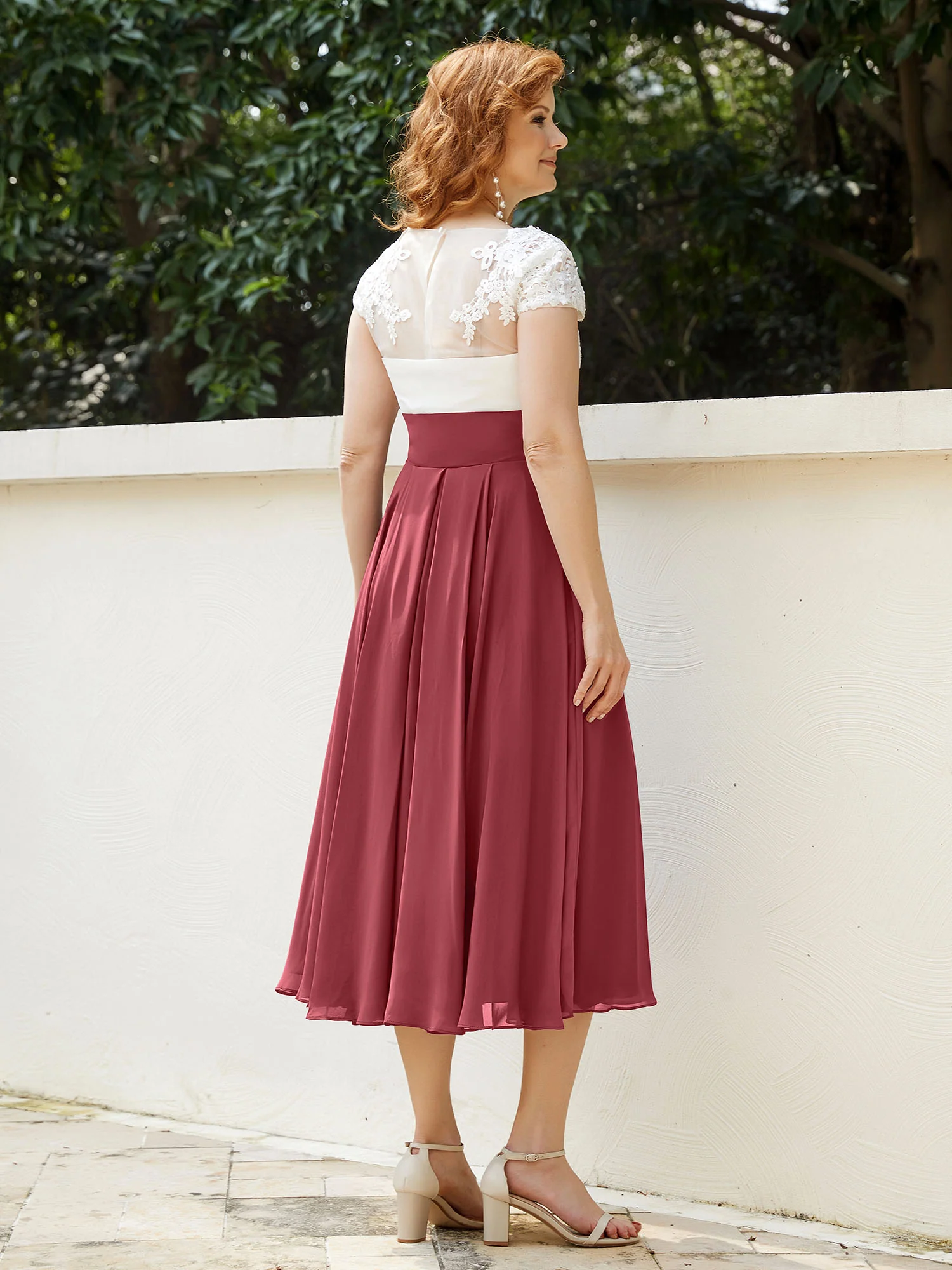 V Neck Chiffon Dress with Ivory Appliqued Bodice Cinnamon Rose - Image 2