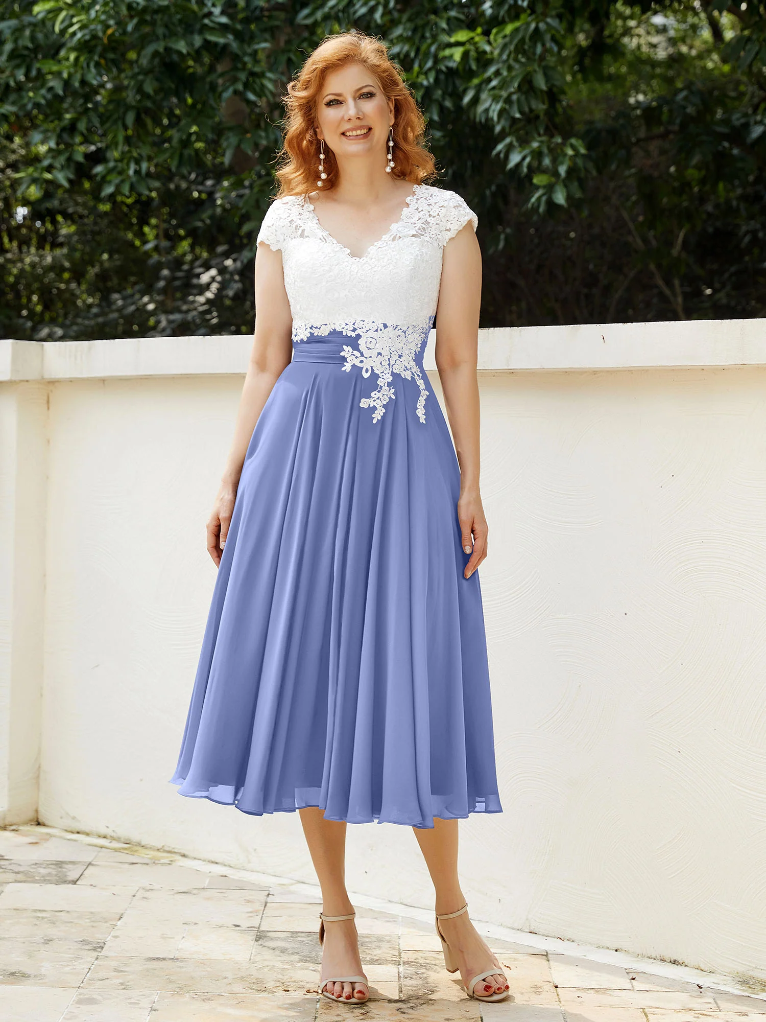V Neck Chiffon Dress with Ivory Appliqued Bodice Periwinkle