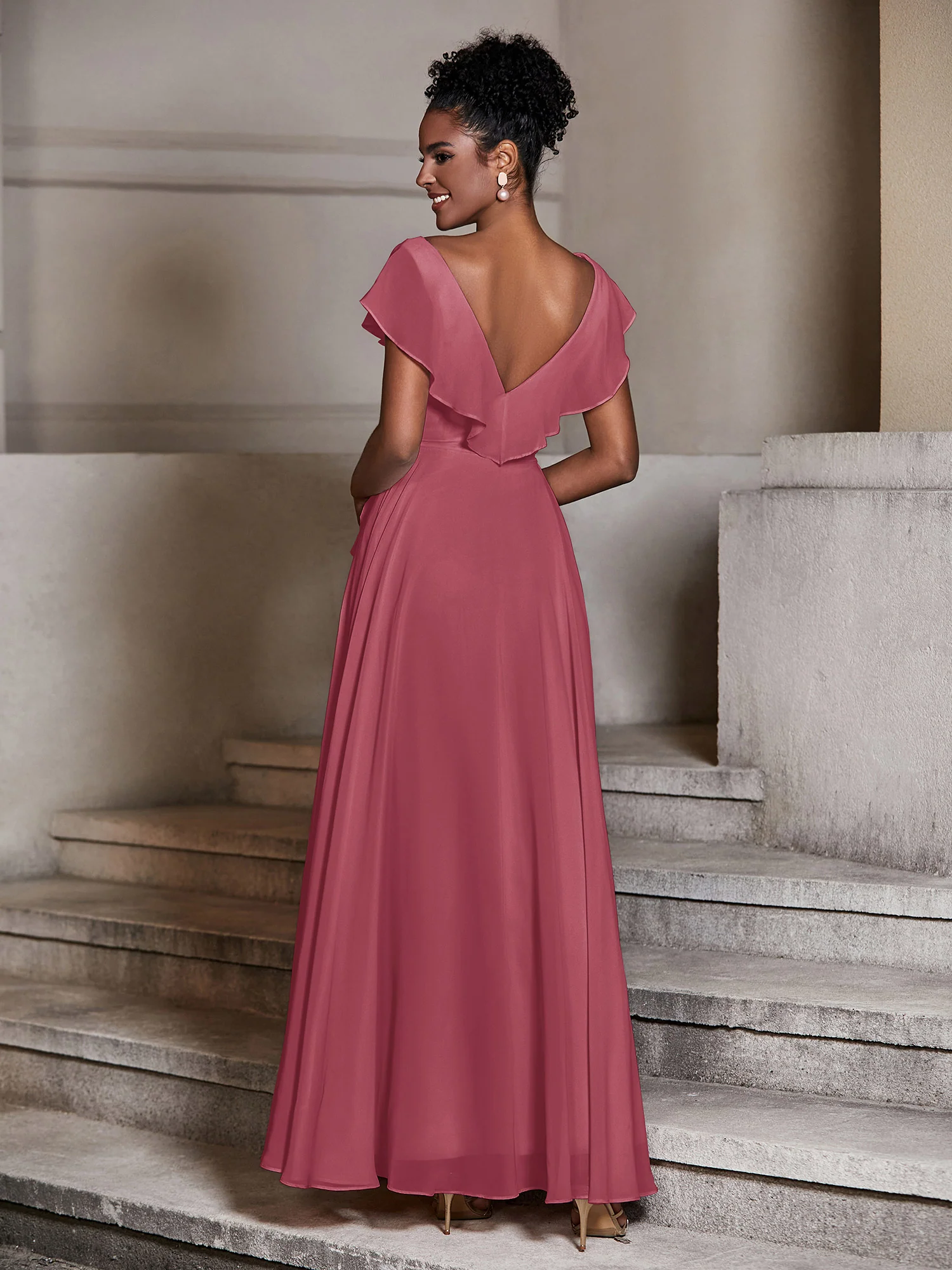 V neck Chiffon Dresses with Cap Sleeves Cinnamon Rose Plus Size - Image 2