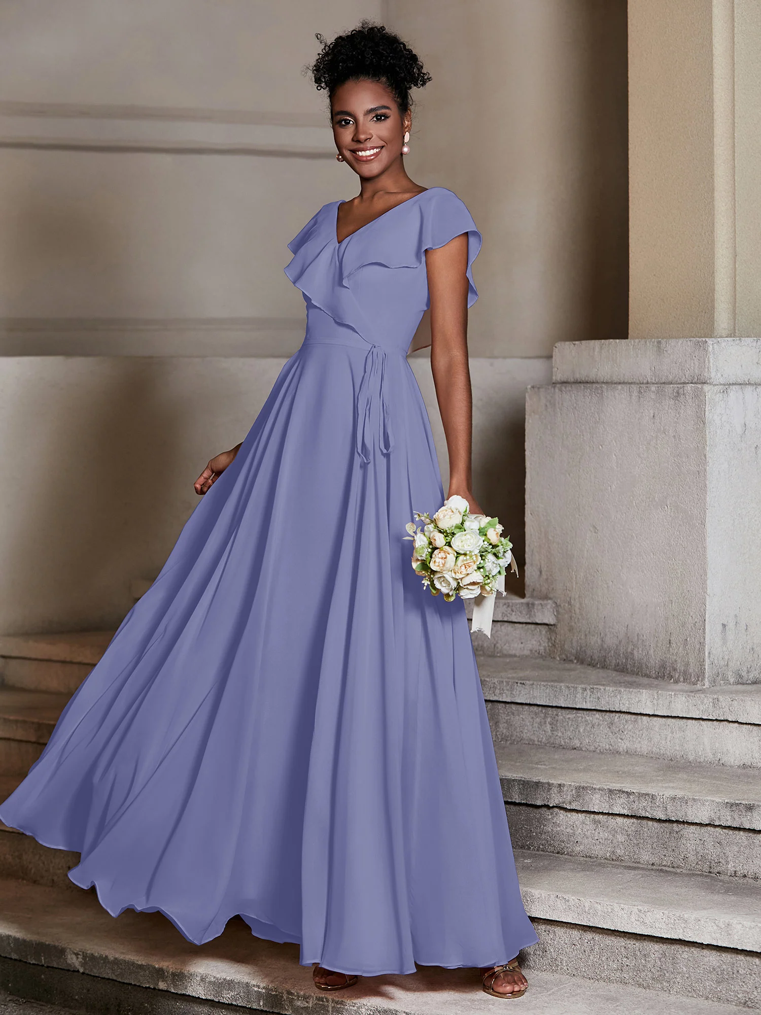 V neck Chiffon Dresses with Cap Sleeves Periwinkle - Image 3