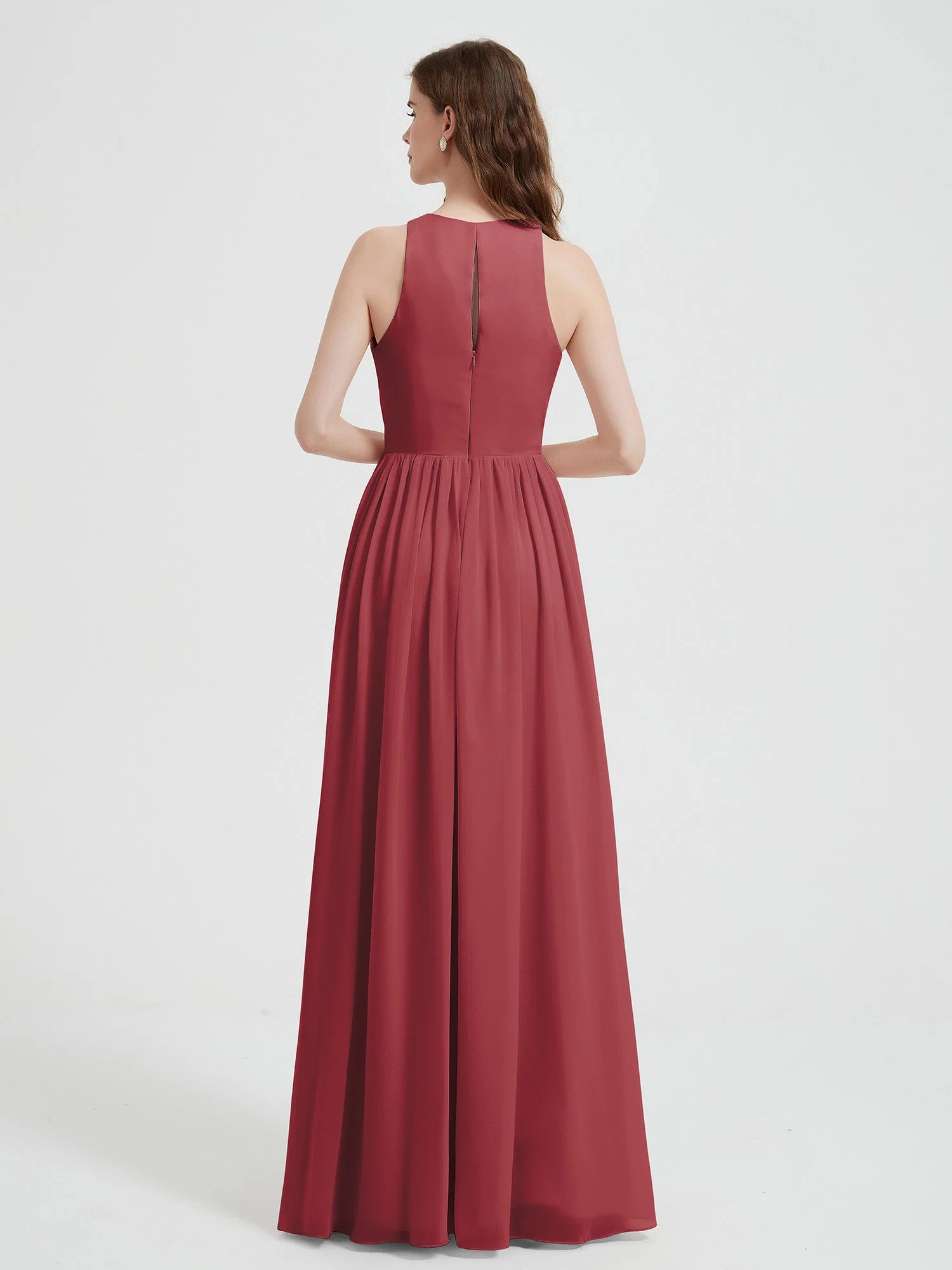 Halter Chiffon Simple Dress with Slit Cinnamon Rose - Image 2