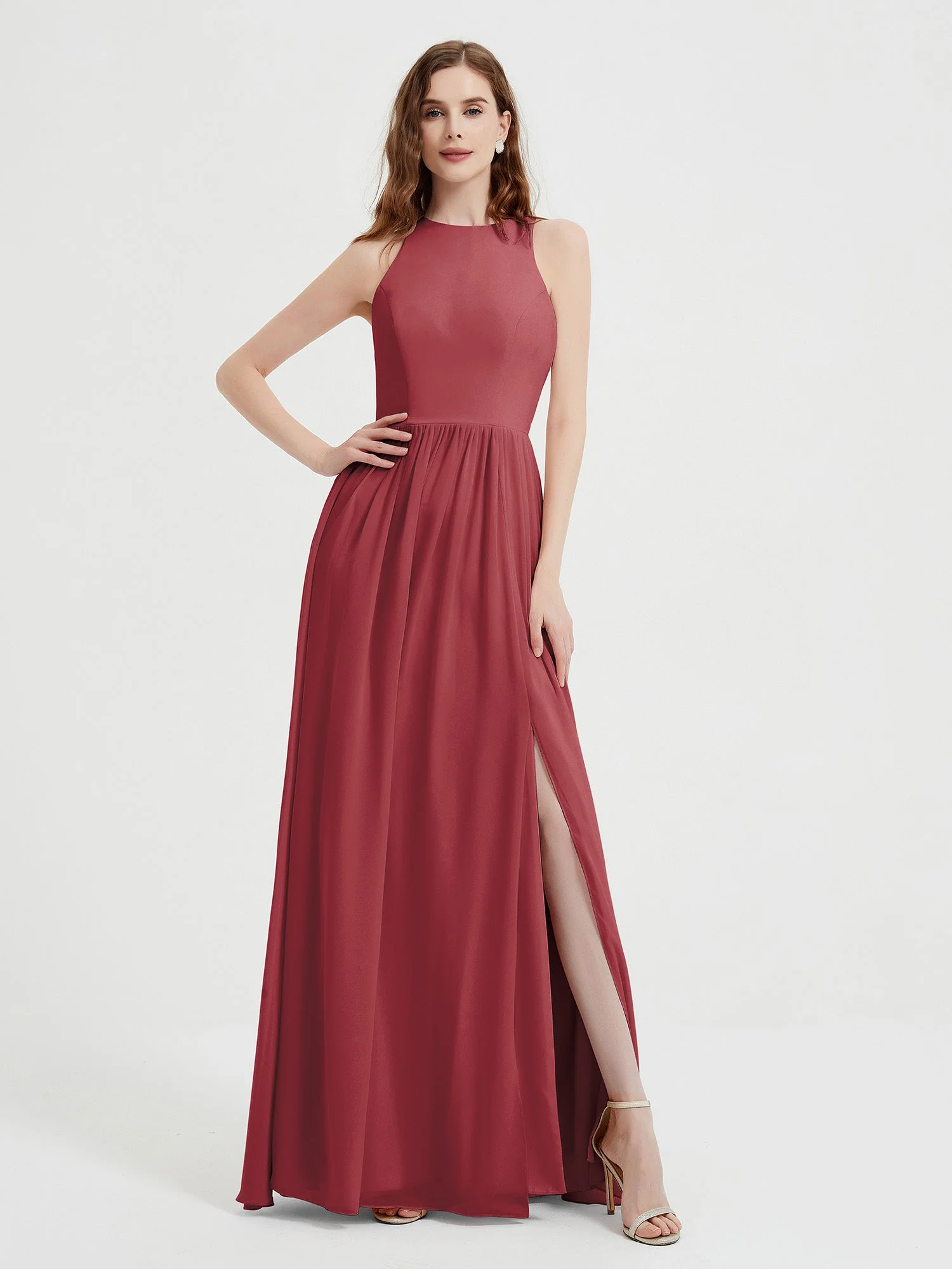 Halter Chiffon Simple Dress with Slit Cinnamon Rose Plus Size