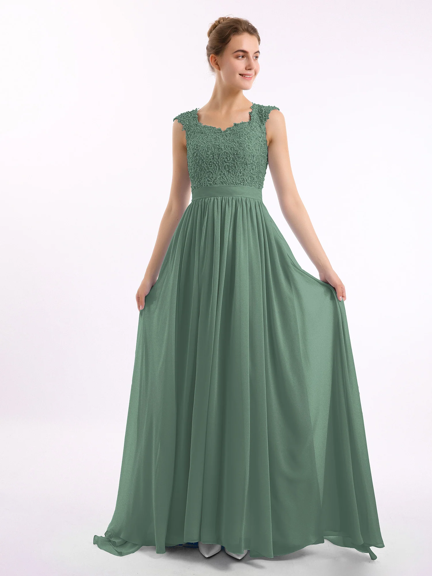 Appliqued and Beaded Dress with Sweetheart Neck Eucalyptus