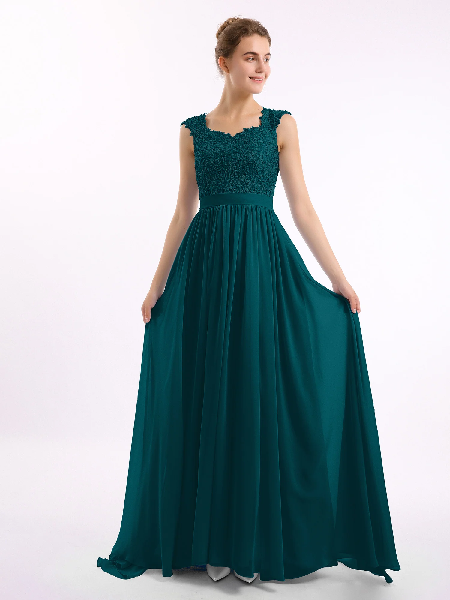 Appliqued and Beaded Dress with Sweetheart Neck Pine