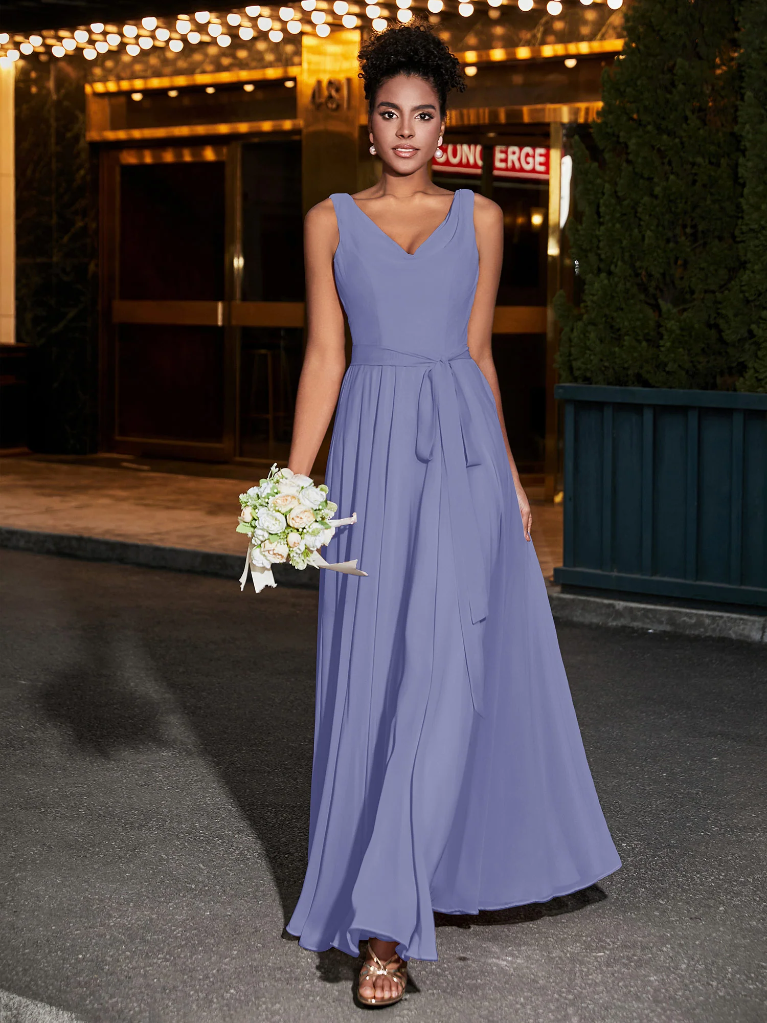 Simple Chiffon Dresses with V Neckline Periwinkle