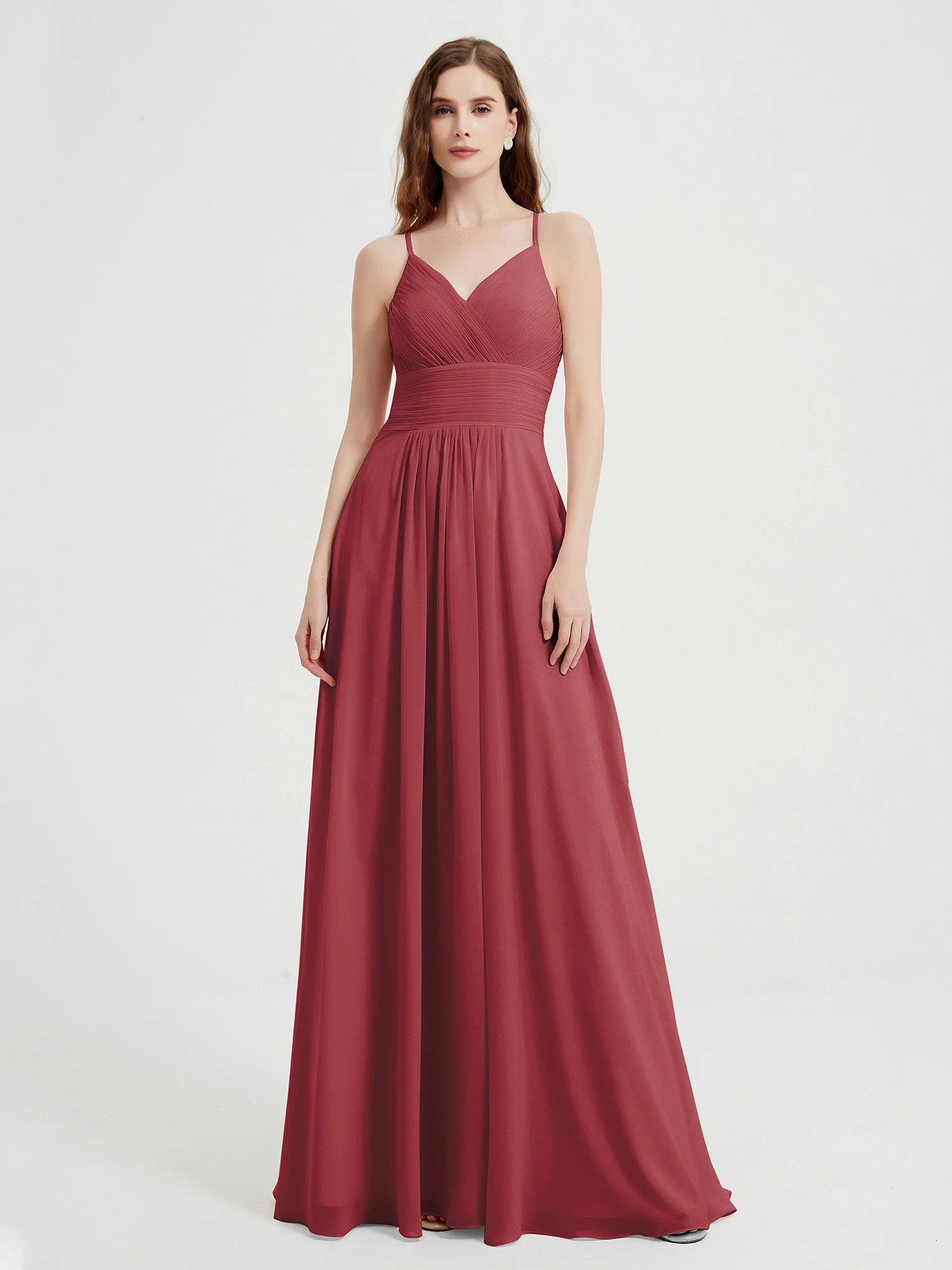 Spaghetti Strap V neck Chiffon Dress with Pockets Cinnamon Rose