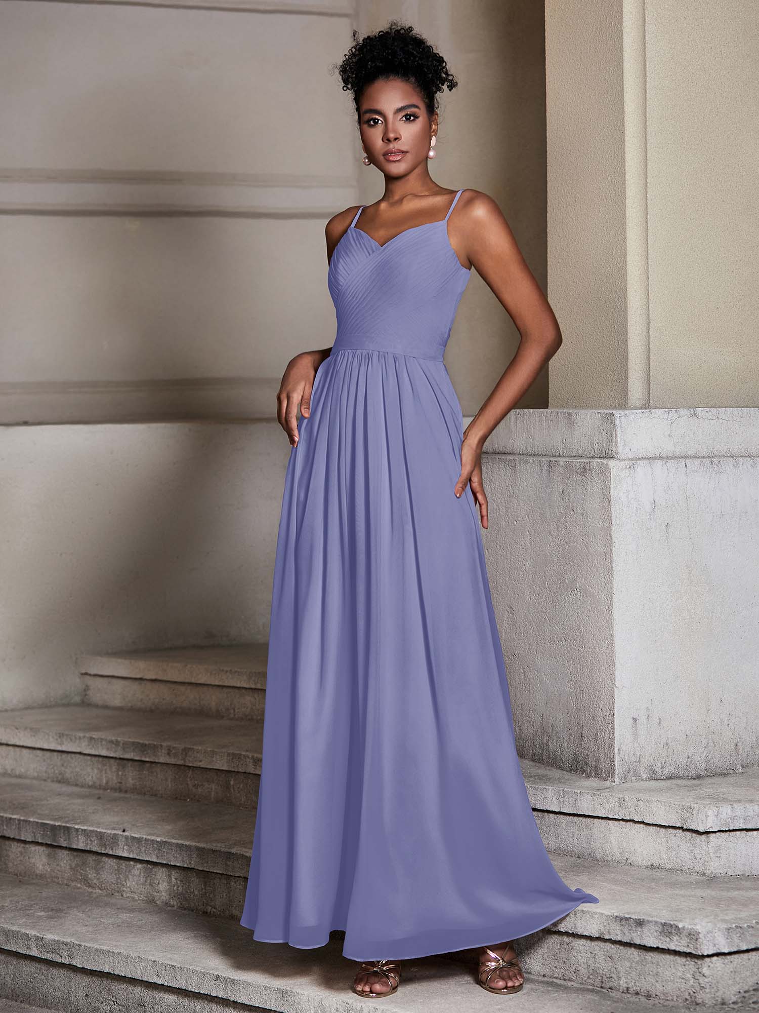 Cross Pleated Bodice Spaghetti Strap Dresses Periwinkle - Image 3