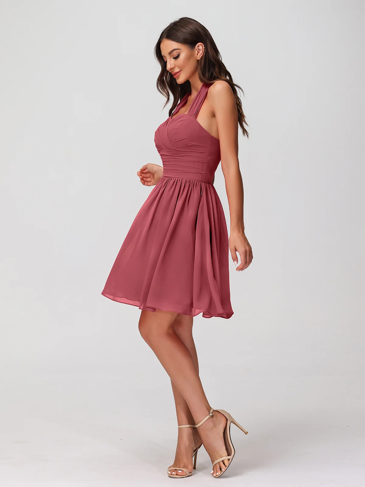 Halter Sweetheart Chiffon Short Dressses Cinnamon Rose - Image 5