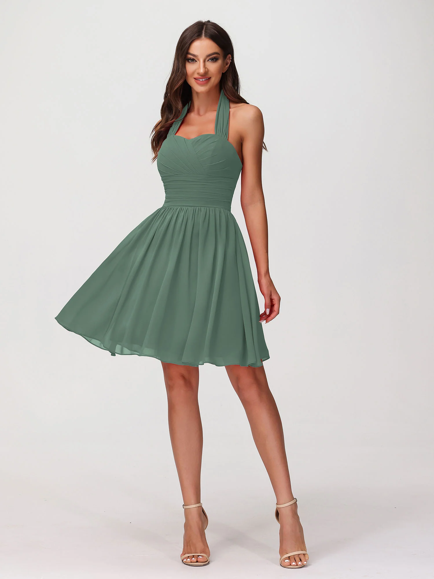 Halter Sweetheart Chiffon Short Dressses Eucalyptus - Image 3