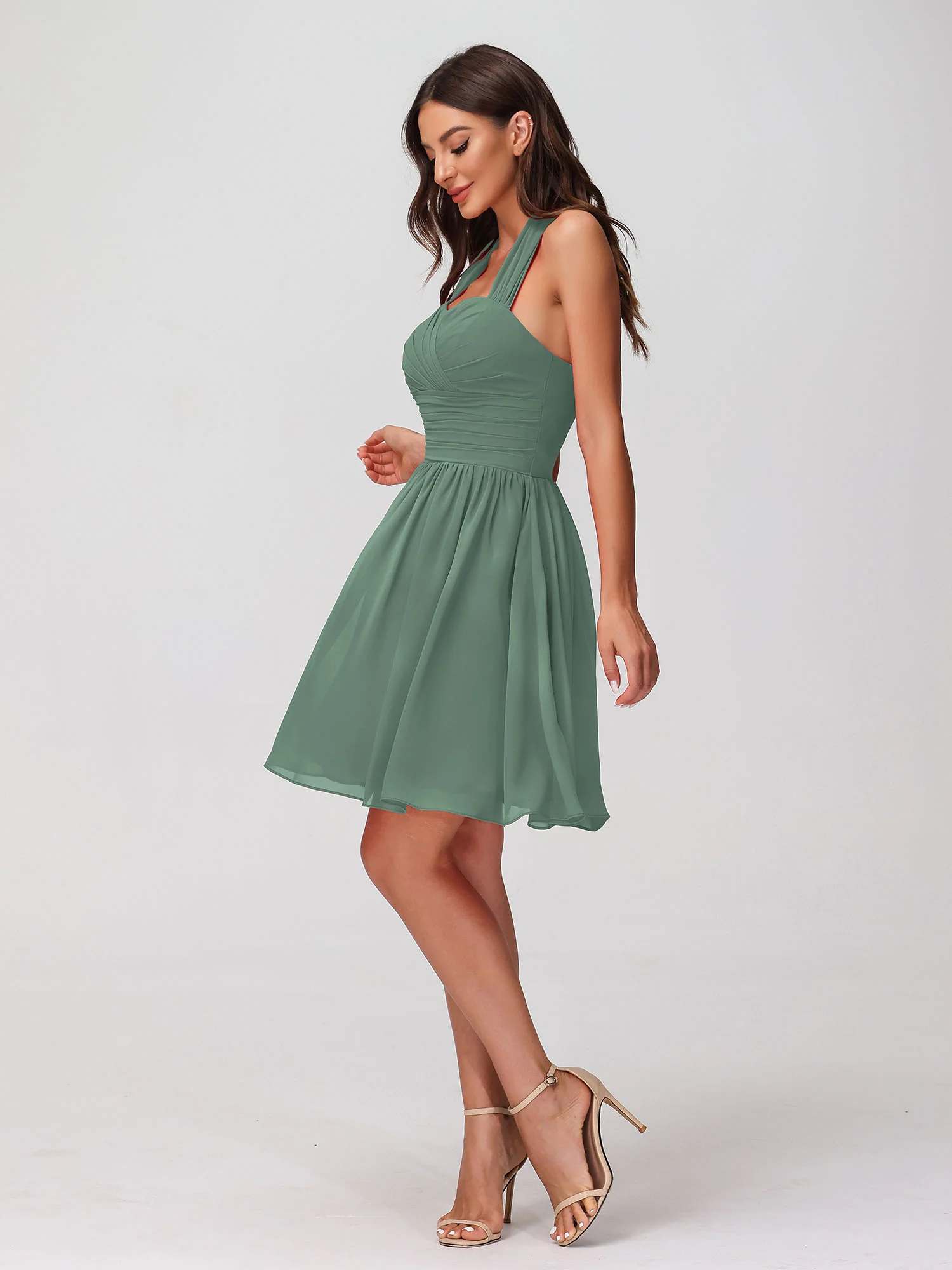 Halter Sweetheart Chiffon Short Dressses Eucalyptus - Image 5