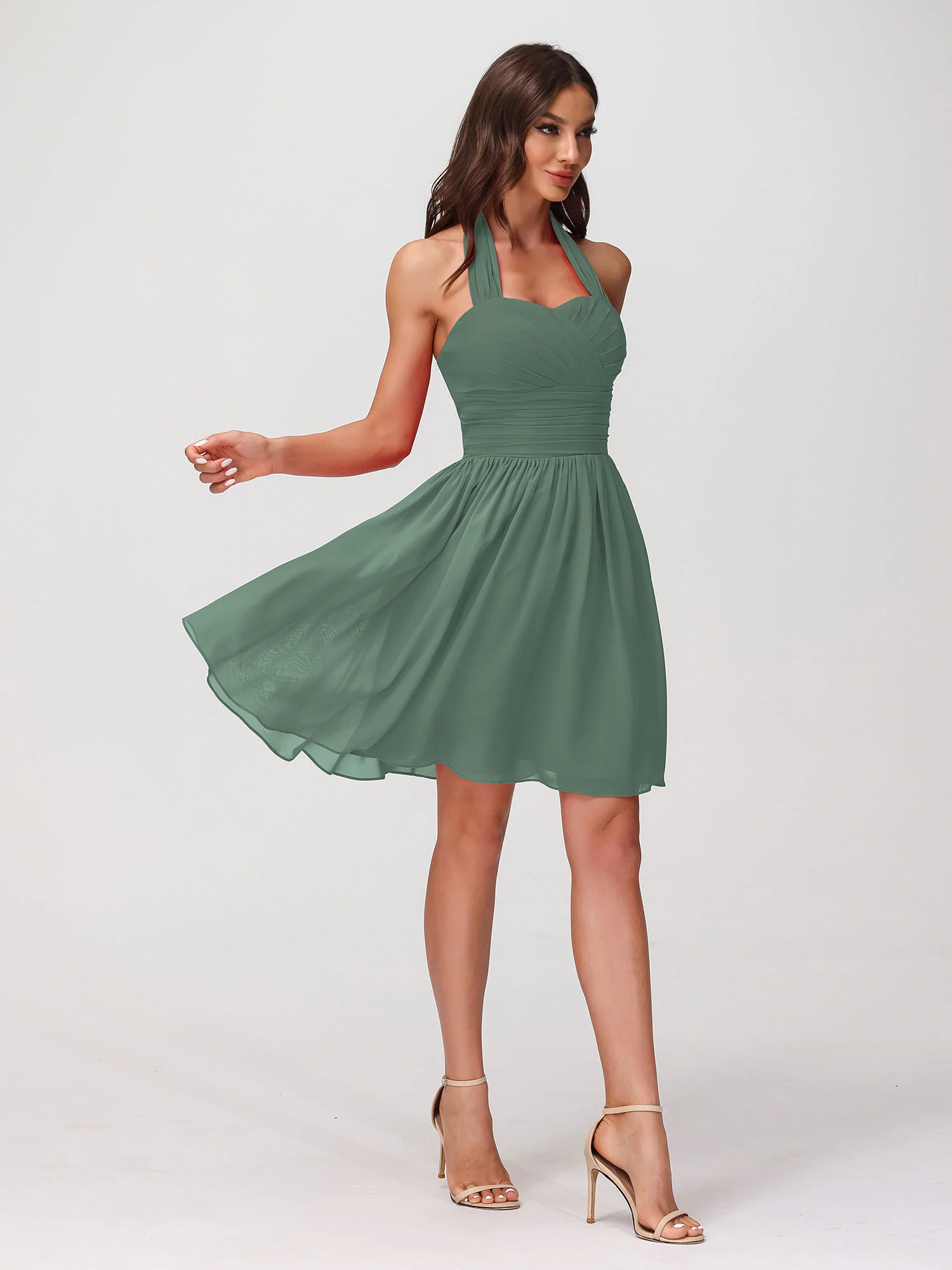 Halter Sweetheart Chiffon Short Dressses Eucalyptus - Image 6