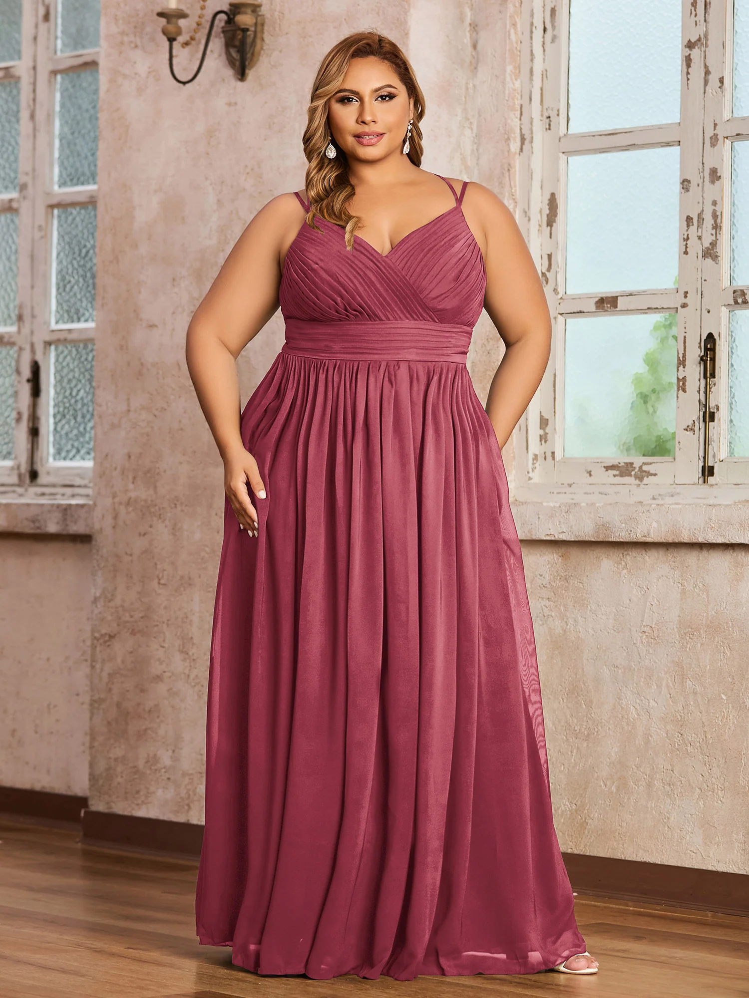 Double Straps Chiffon Dresses with Sweetheart Cinnamon Rose
