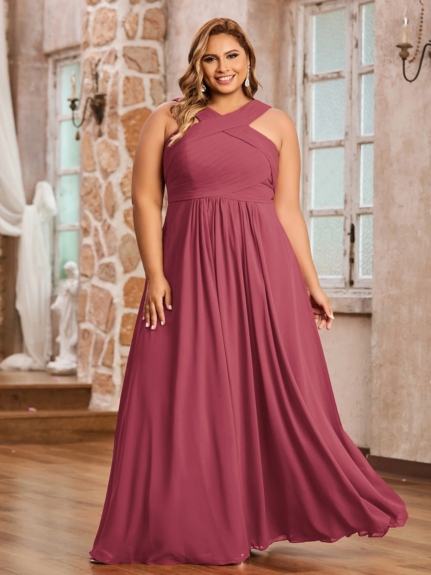 Cross Shoulder Strap Chiffon Dress with Empire Waist Cinnamon Rose Plus Size