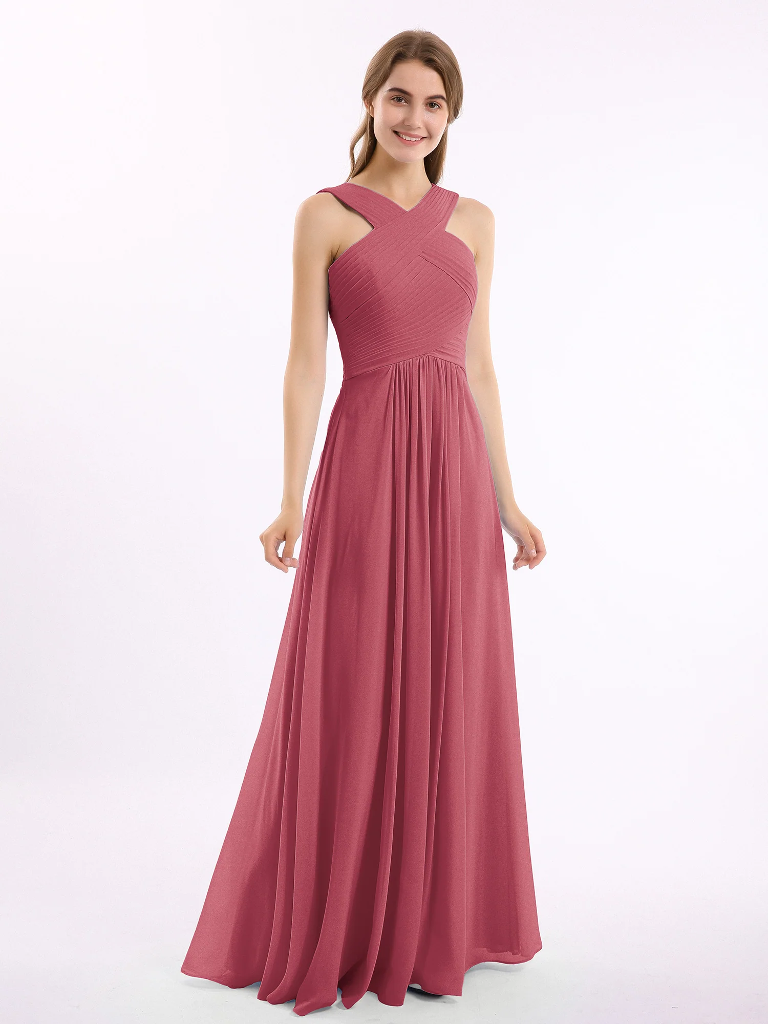 Cross Shoulder Strap Chiffon Dress with Empire Waist Cinnamon Rose Plus Size - Image 6