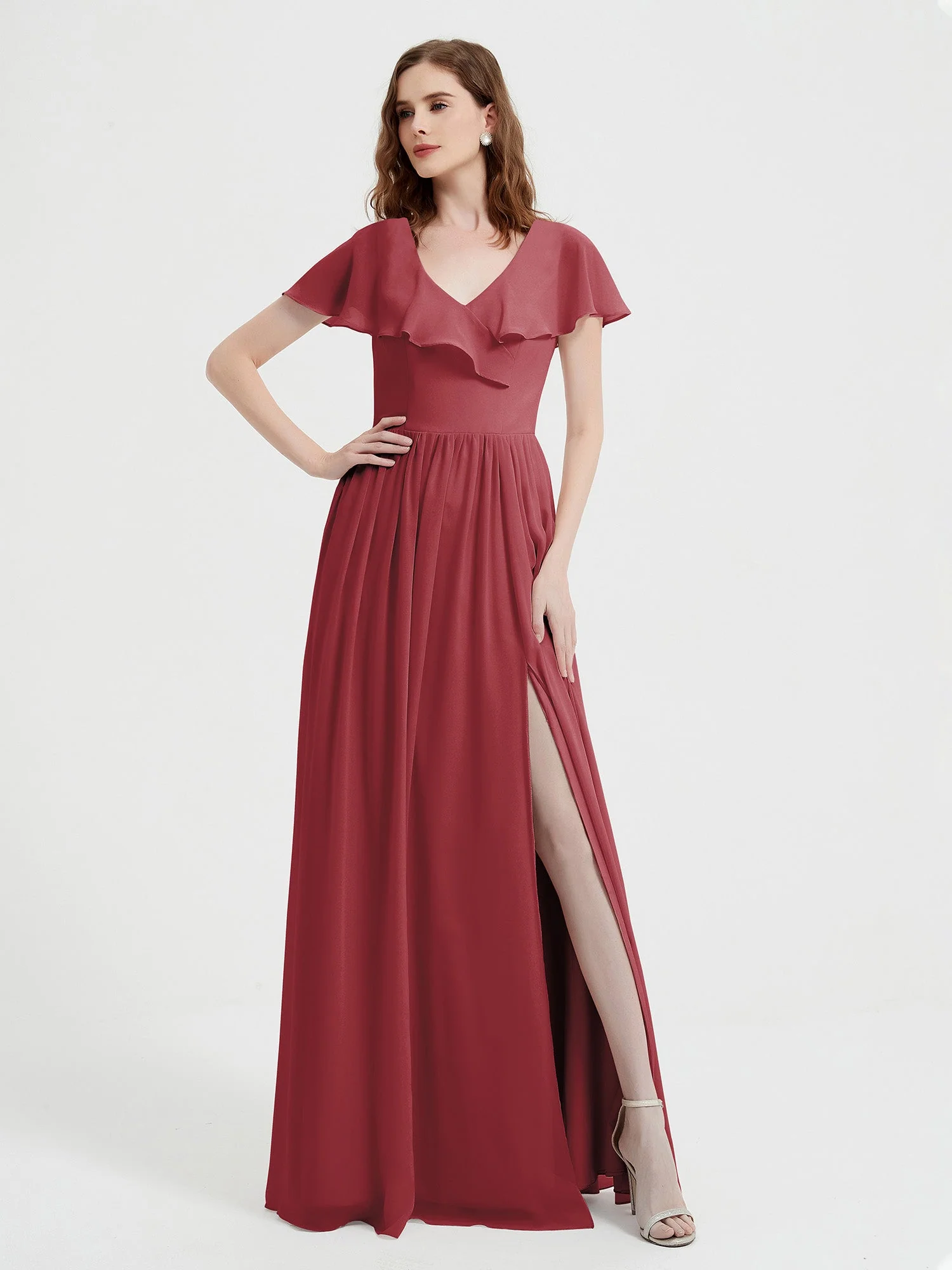 Cap Sleeves Long Chiffon Dresses with Slit-Cinnamon Rose Plus Size