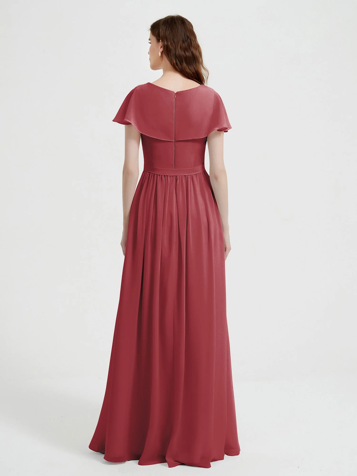 Cap Sleeves Long Chiffon Dresses with Slit-Cinnamon Rose Plus Size - Image 2