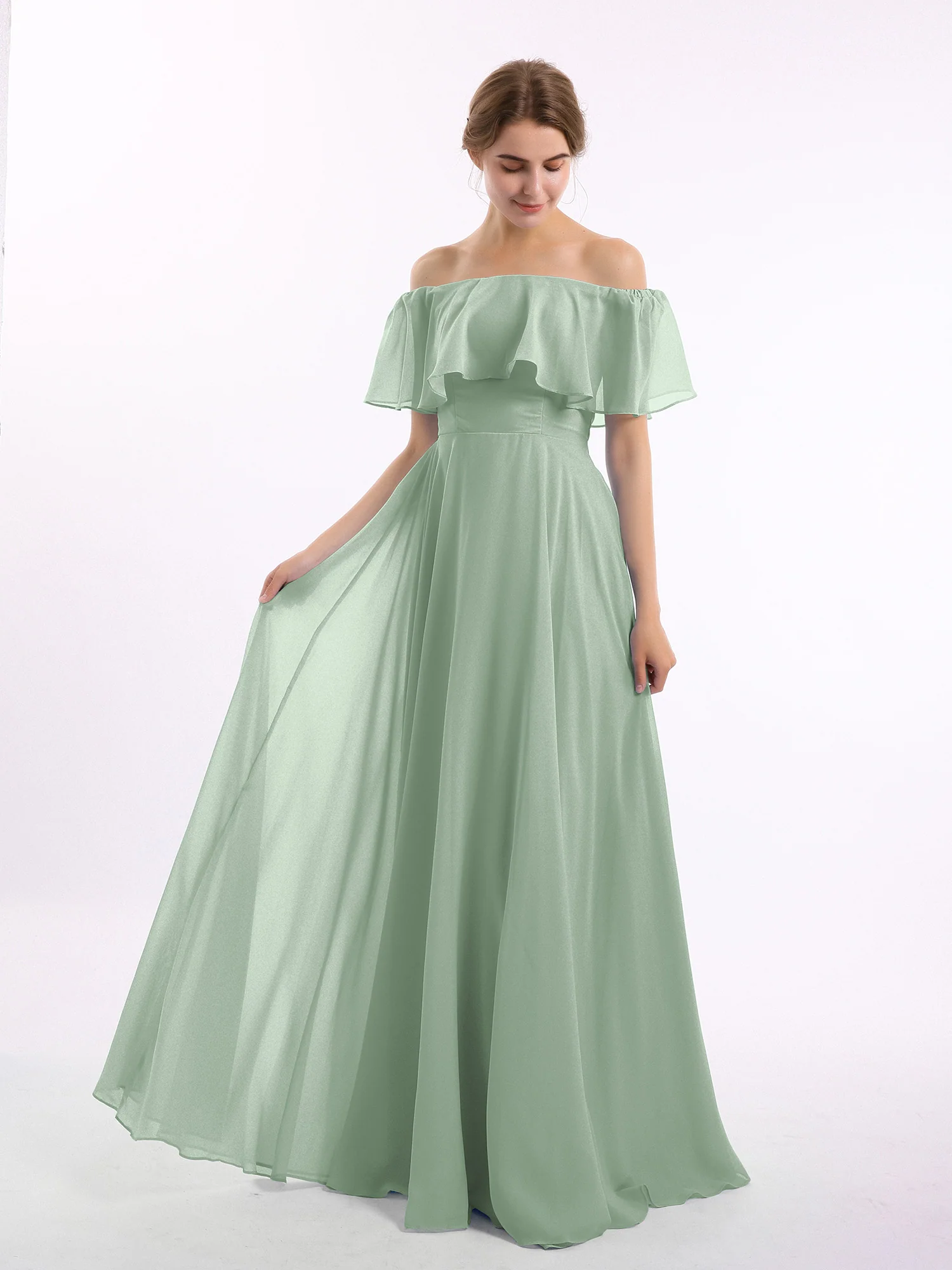 Off the Shoulder Chiffon Full Length Dress-Agave