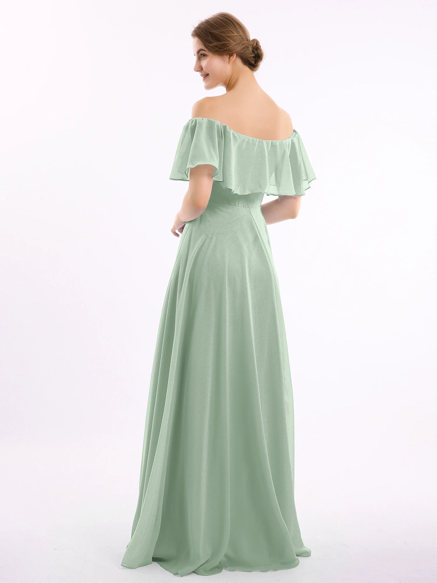 Off the Shoulder Chiffon Full Length Dress-Agave - Image 2