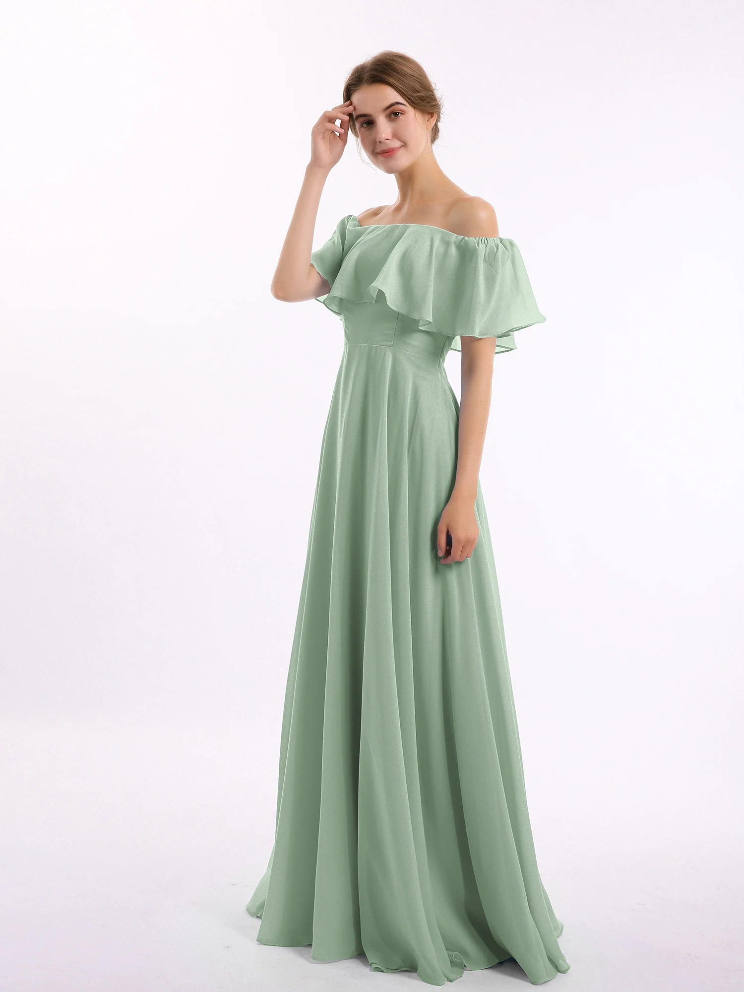 Off the Shoulder Chiffon Full Length Dress-Agave - Image 3