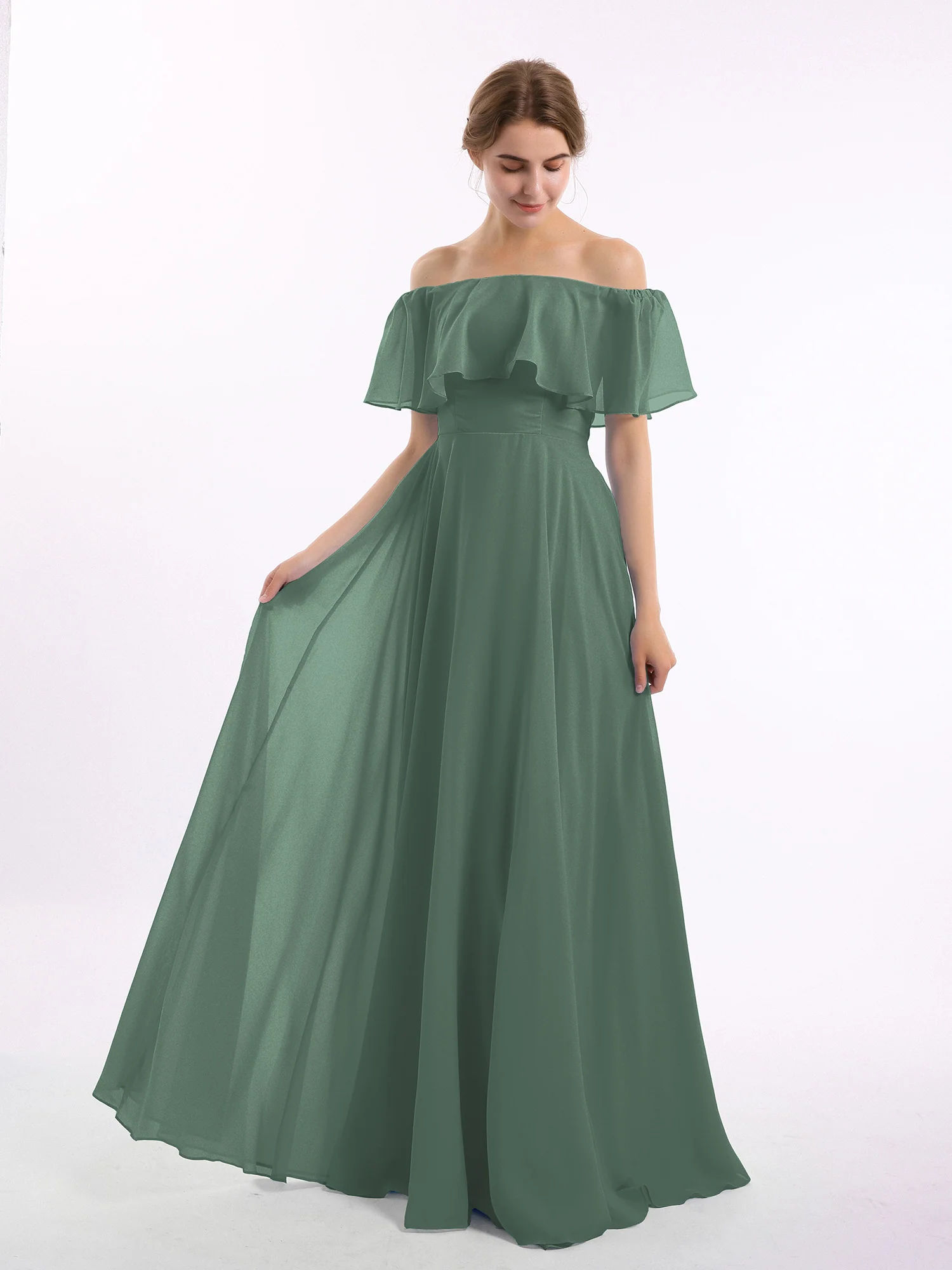 Off the Shoulder Chiffon Full Length Dress-Eucalyptus