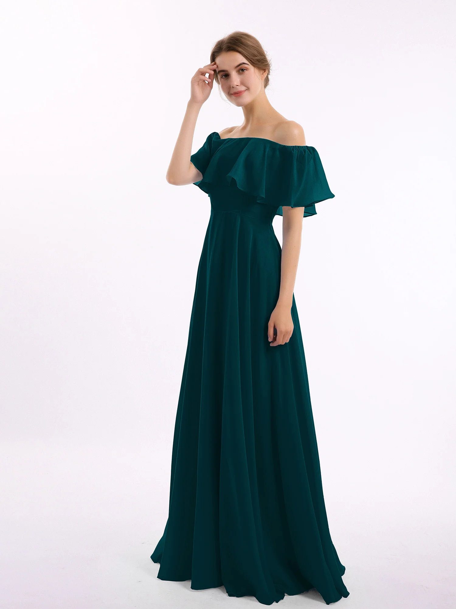 Off the Shoulder Chiffon Full Length Dress-Pine - Image 3