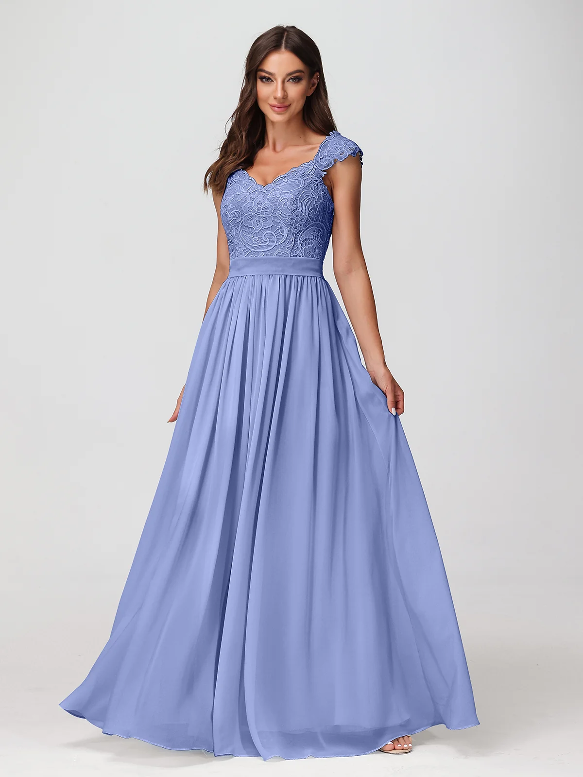Long Chiffon Dress with Lace Appliqued Bodice-Periwinkle Plus Size - Image 4