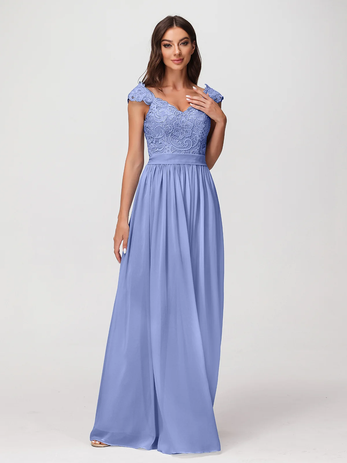 Long Chiffon Dress with Lace Appliqued Bodice-Periwinkle Plus Size - Image 5