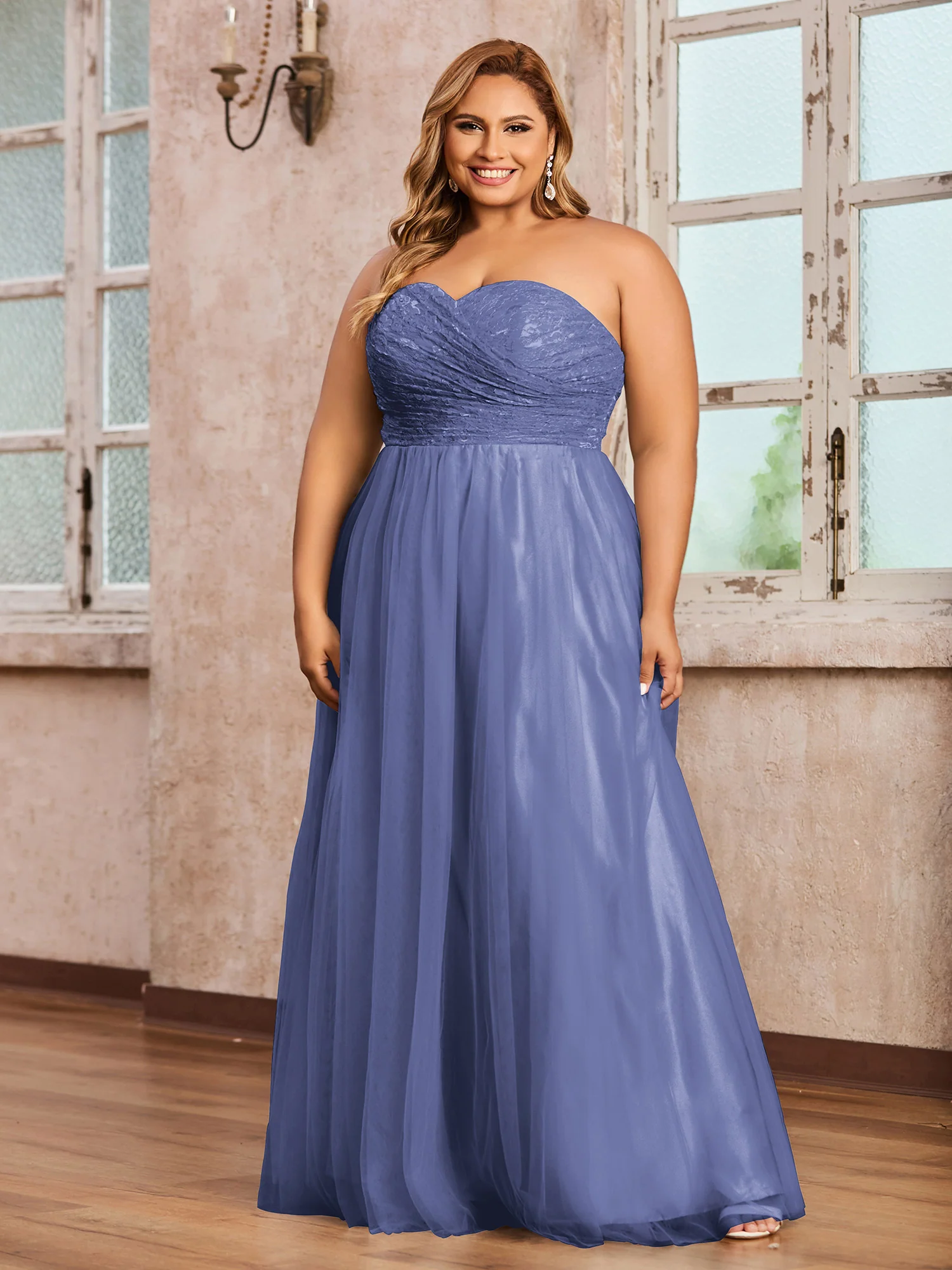 Lace and Tulle Long Gown with Sweetheart-Periwinkle
