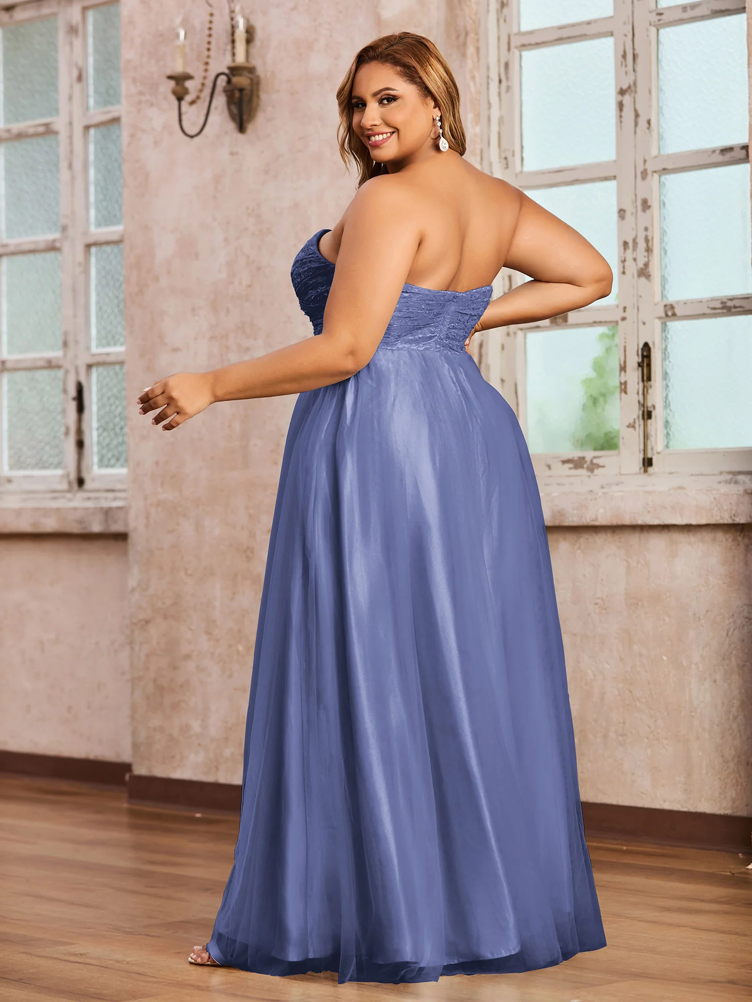 Lace and Tulle Long Gown with Sweetheart-Periwinkle - Image 2