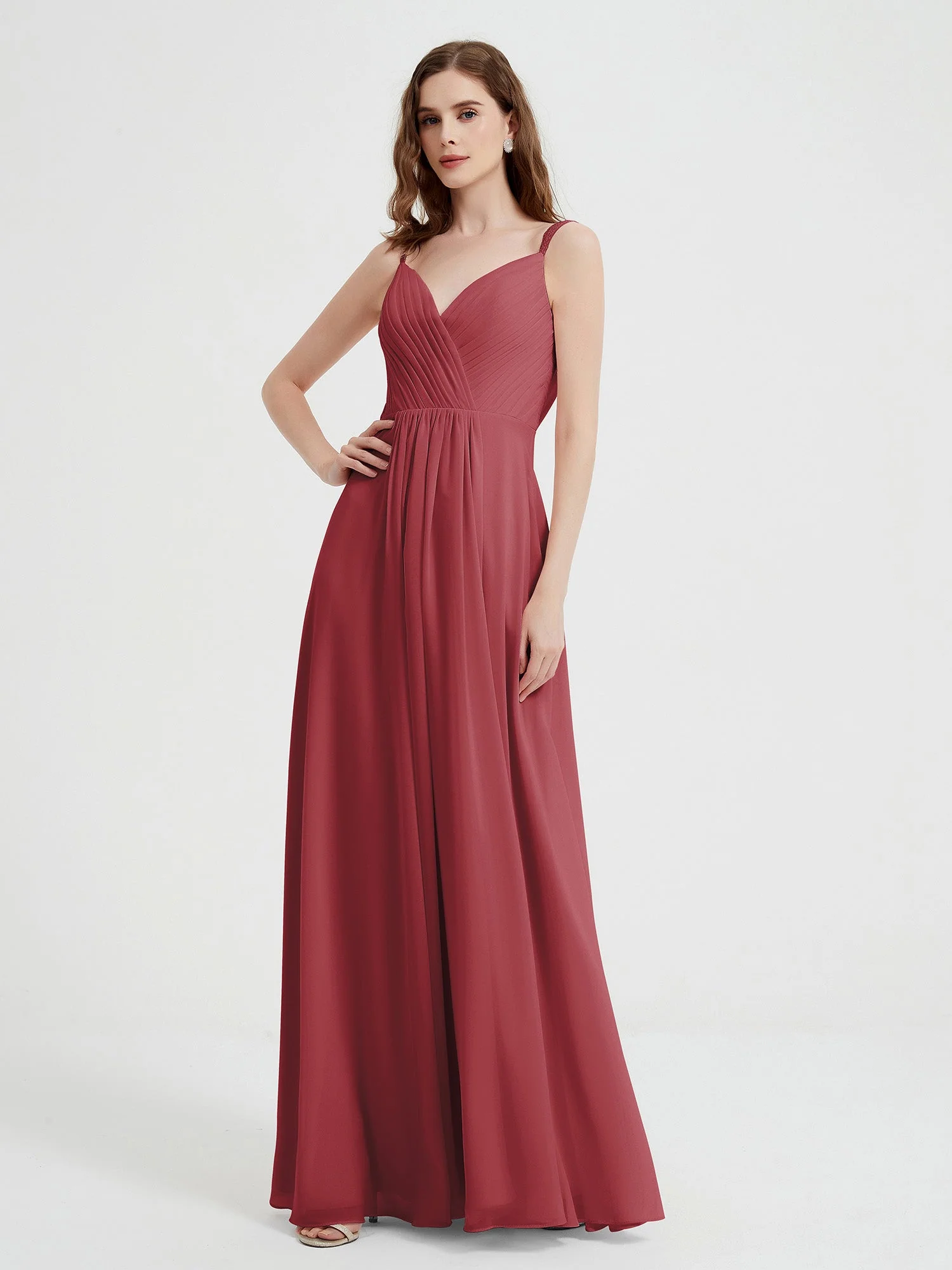 V-neck Chiffon Dresses with Beaded Straps-Cinnamon Rose