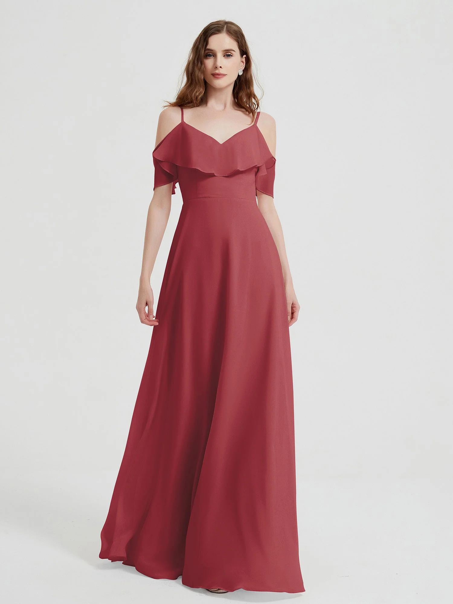Spaghetti Straps V-neck Chiffon Long Dresses-Cinnamon Rose Plus Size