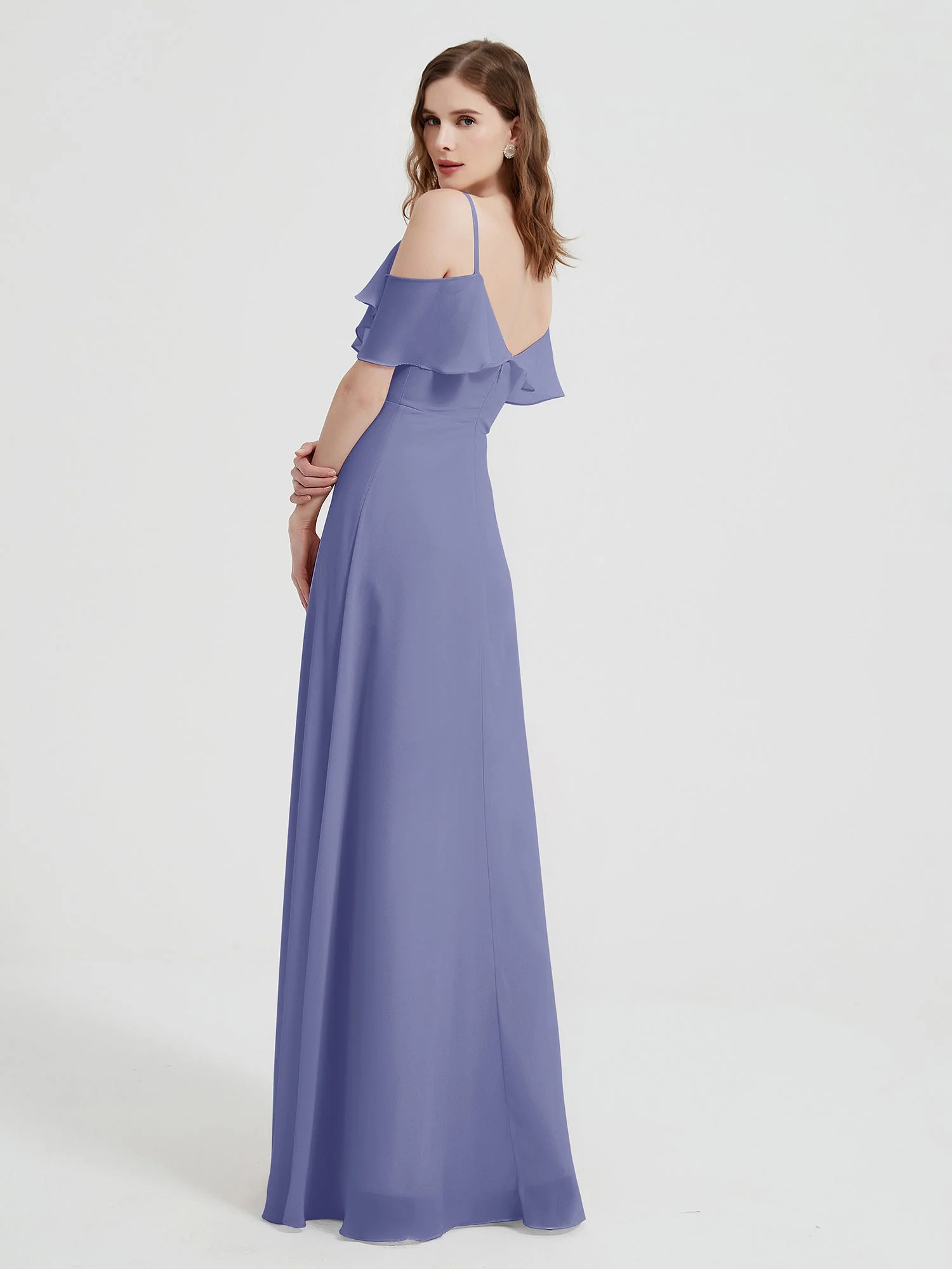 Spaghetti Straps V-neck Chiffon Long Dresses-Periwinkle - Image 2