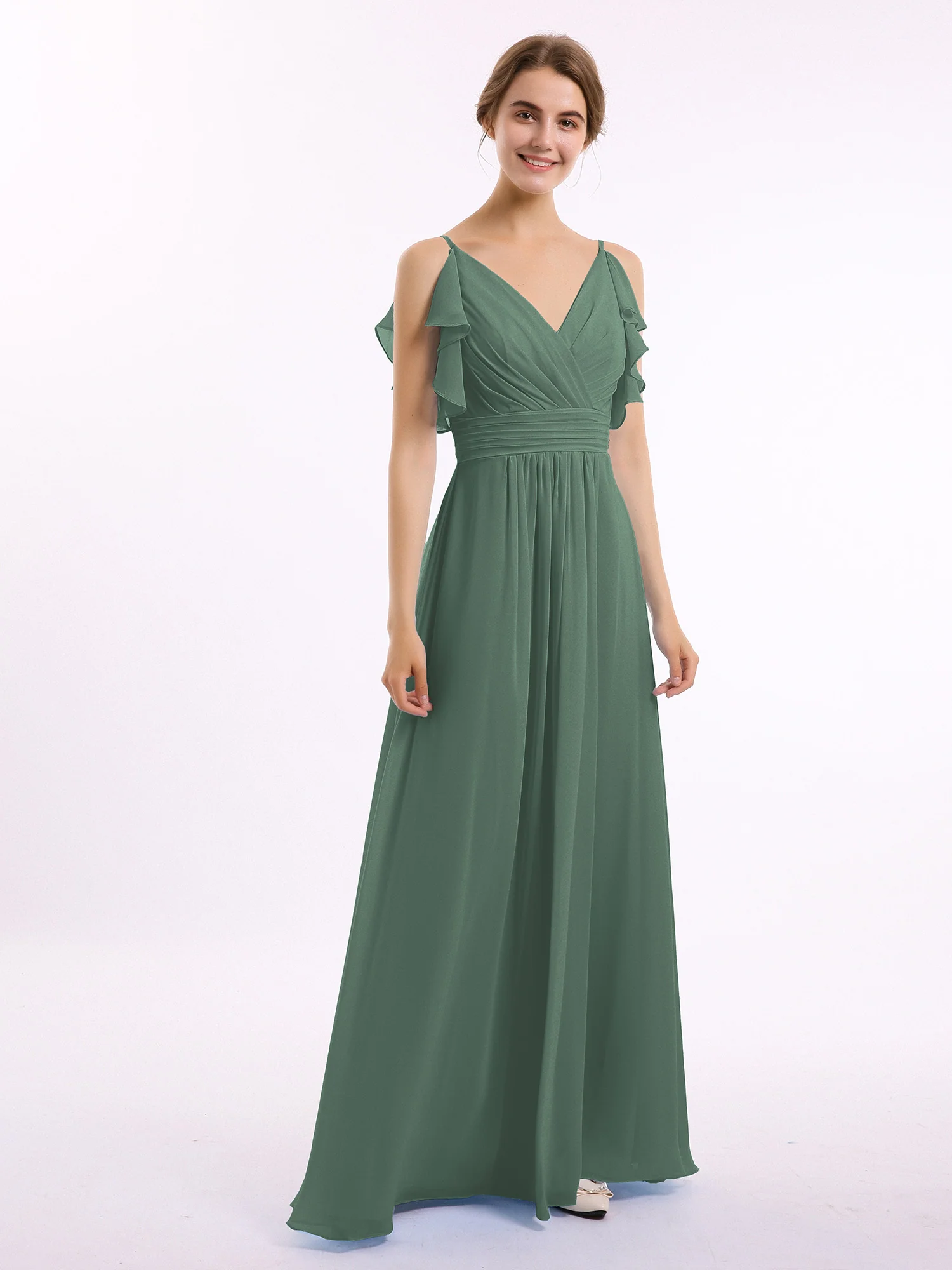 Spaghetti Strap Ruffles V-neck Chiffon Dresses Eucalyptus