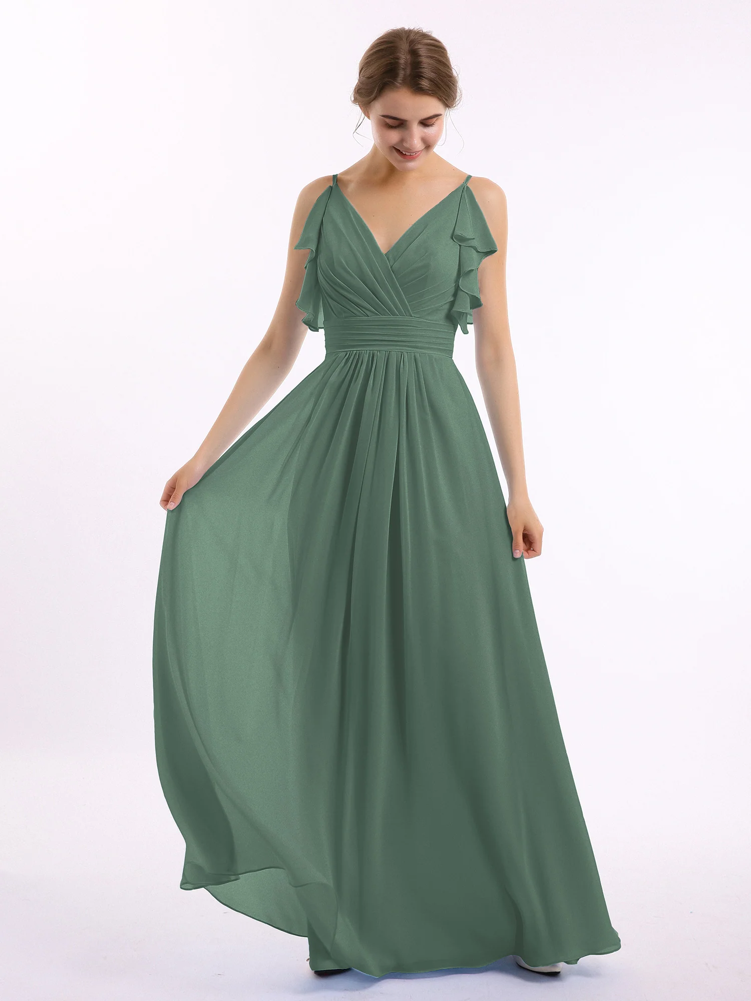 Spaghetti Strap Ruffles V-neck Chiffon Dresses Eucalyptus - Image 2