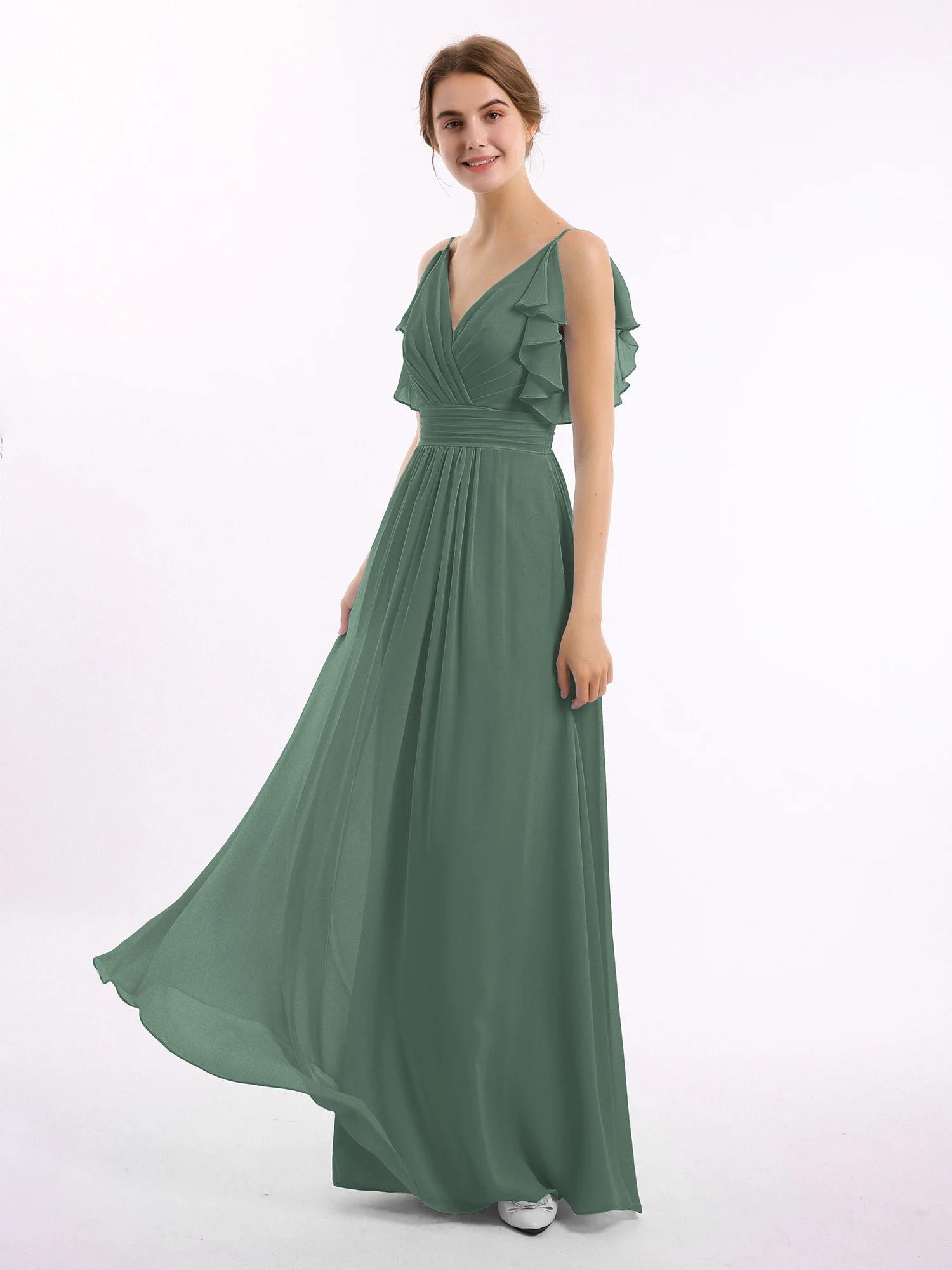 Spaghetti Strap Ruffles V-neck Chiffon Dresses Eucalyptus - Image 4