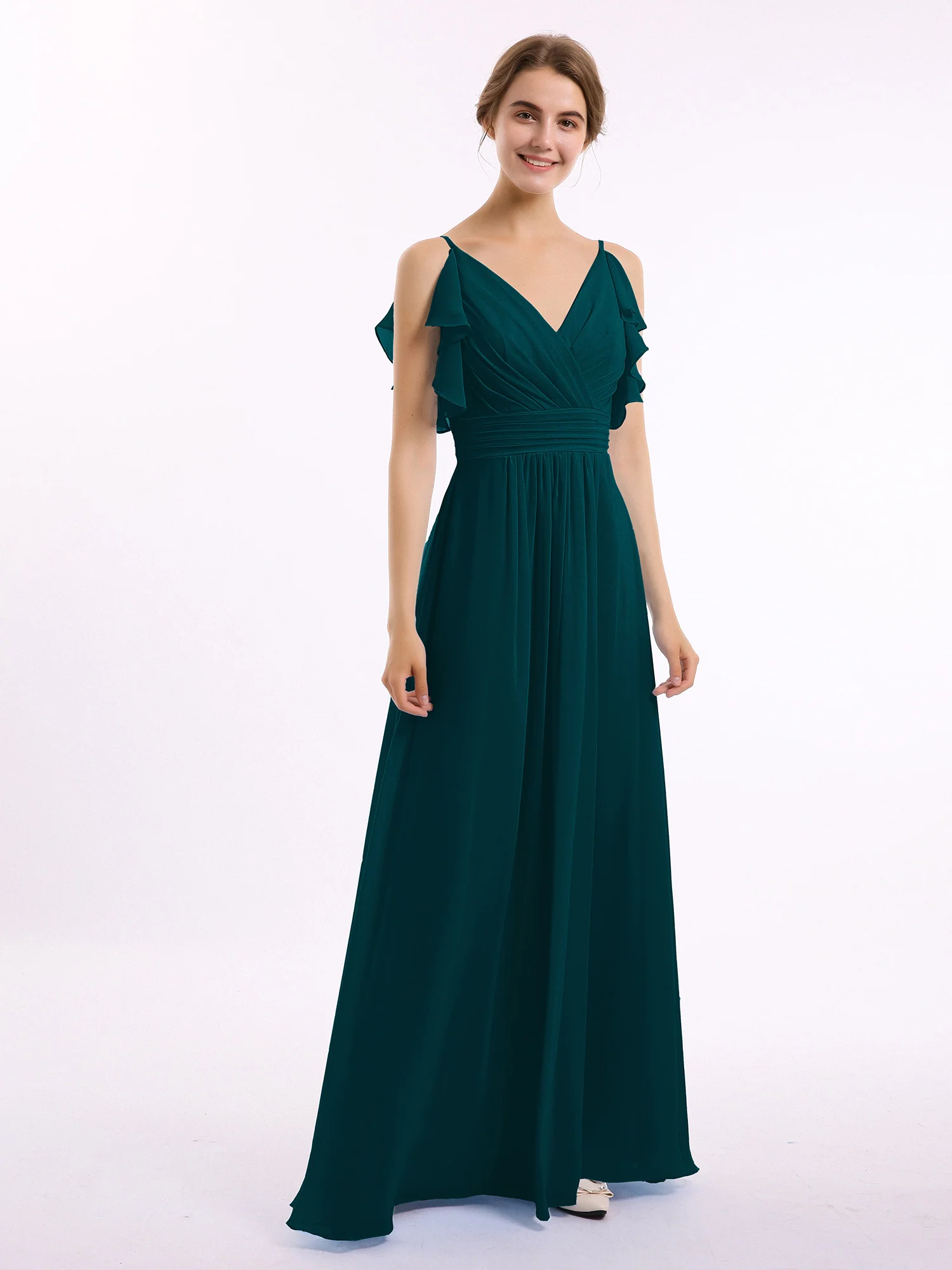 Spaghetti Strap Ruffles V-neck Chiffon Dresses Pine