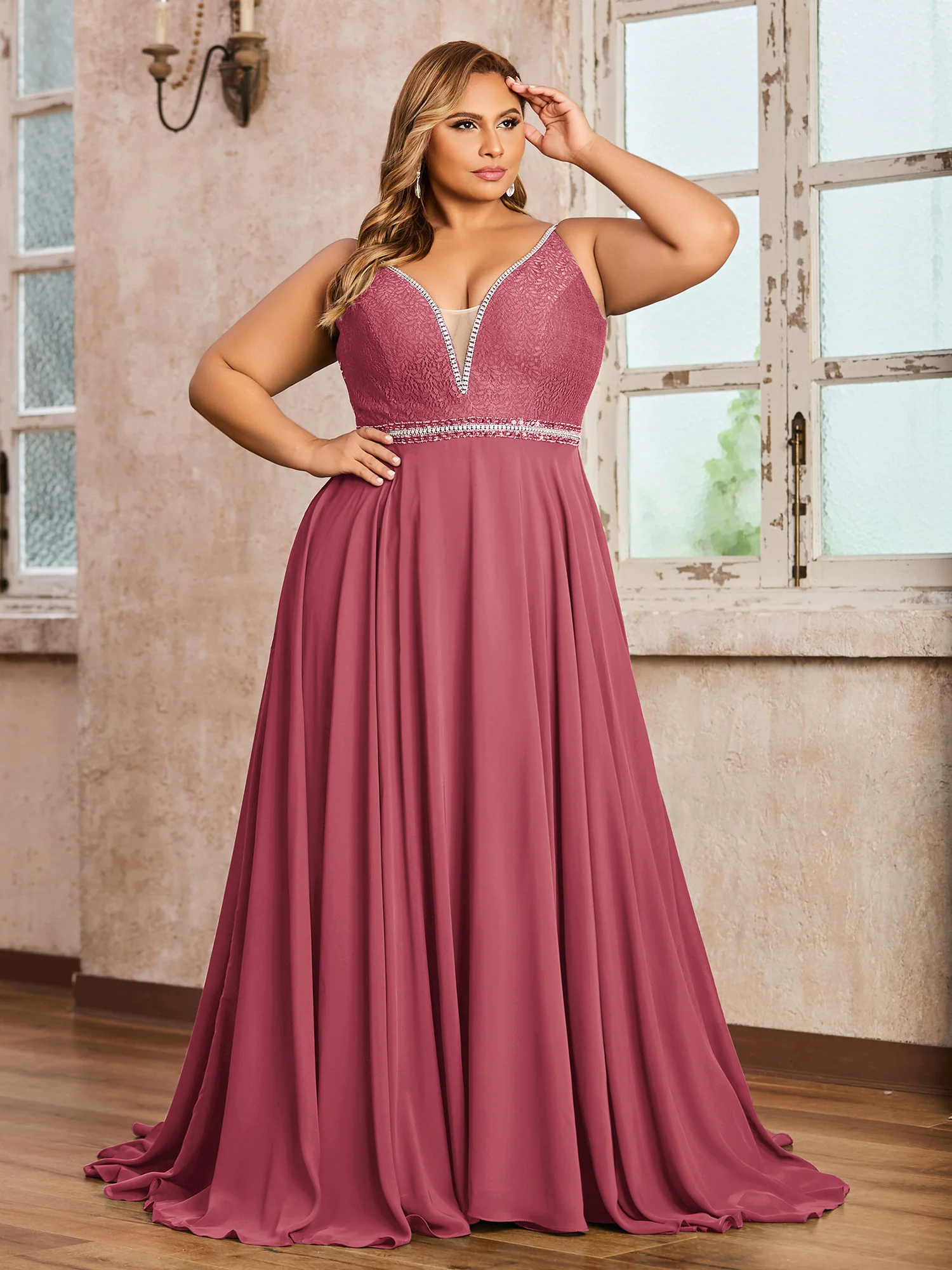 Spaghetti Strap Lace and Chiffon Gown-Cinnamon Rose