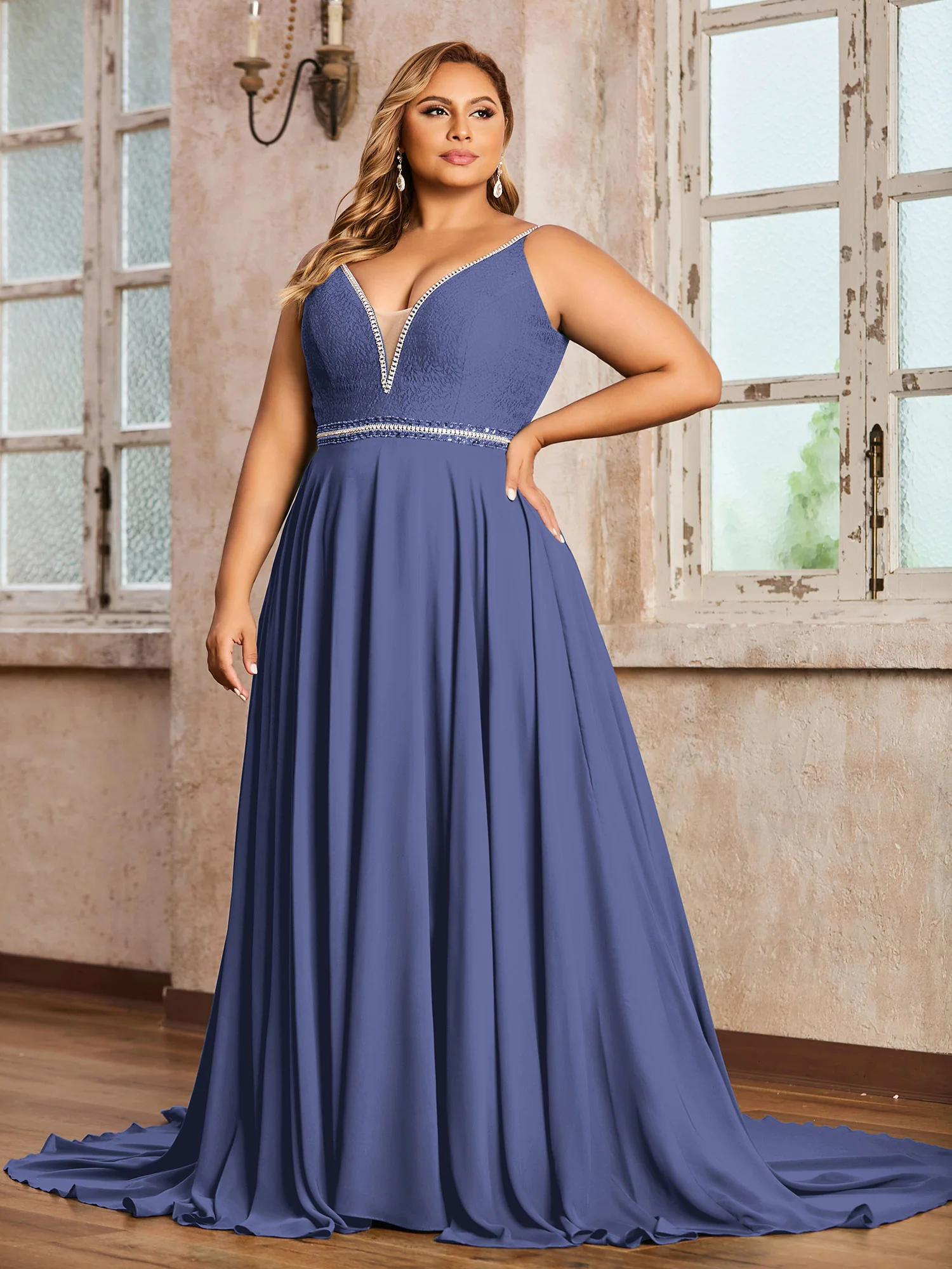 Spaghetti Strap Lace and Chiffon Gown-Periwinkle Plus Size - Image 3
