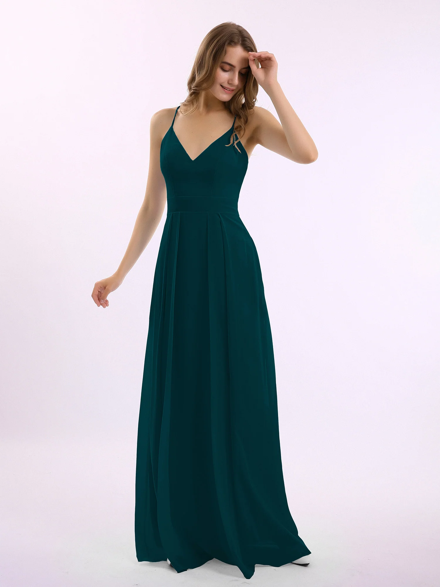 Spaghetti Strap V-neck Chiffon Gowns with Pocket-Pine