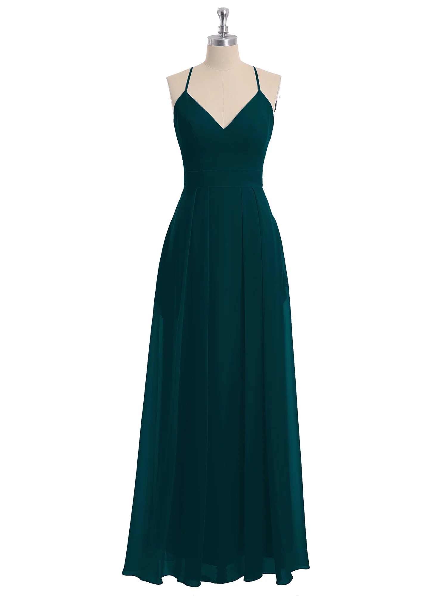 Spaghetti Strap V-neck Chiffon Gowns with Pocket-Pine - Image 4