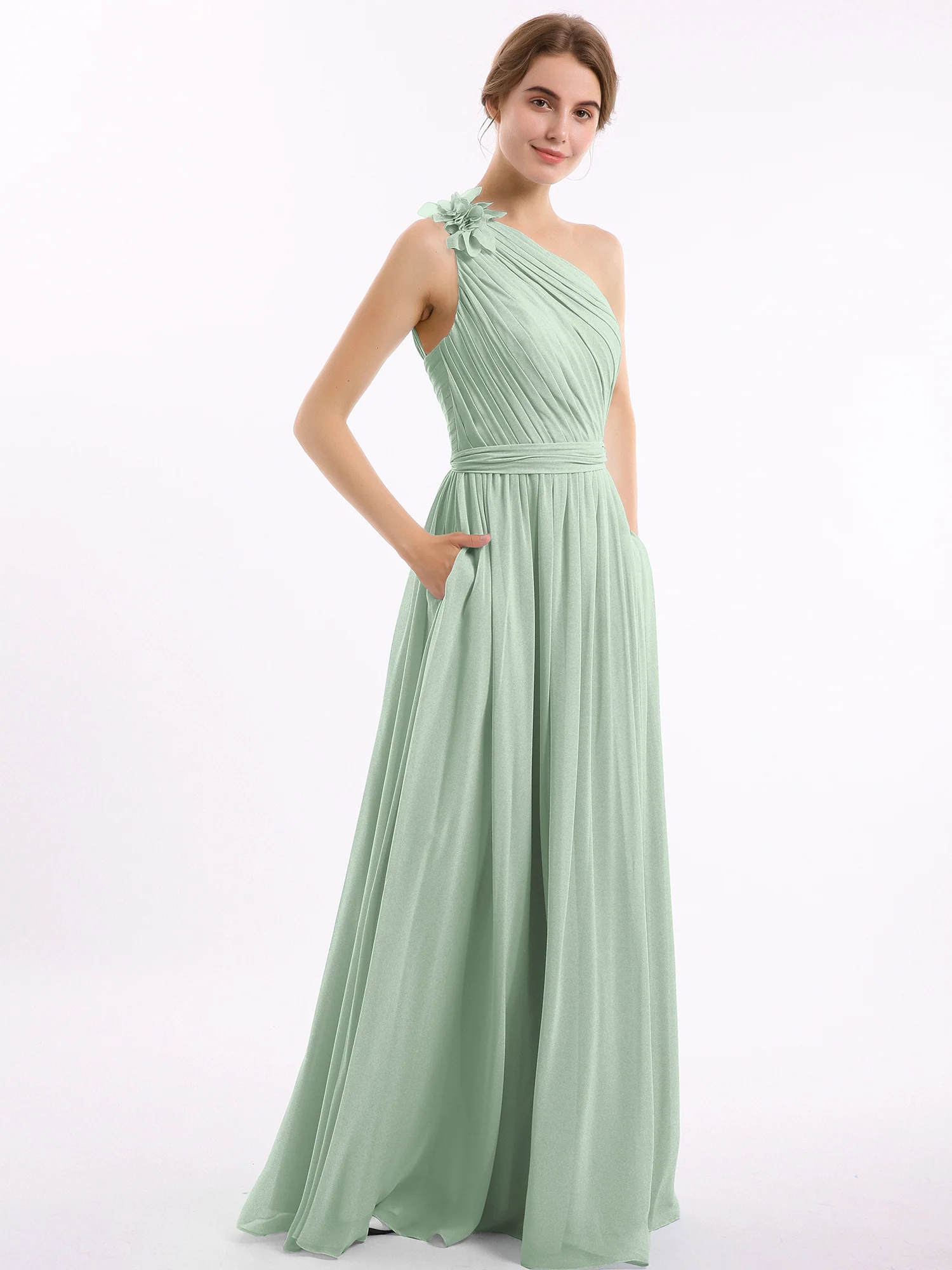 One Flower Shoulder Chiffon Dresses with Pocket Agave - Image 3