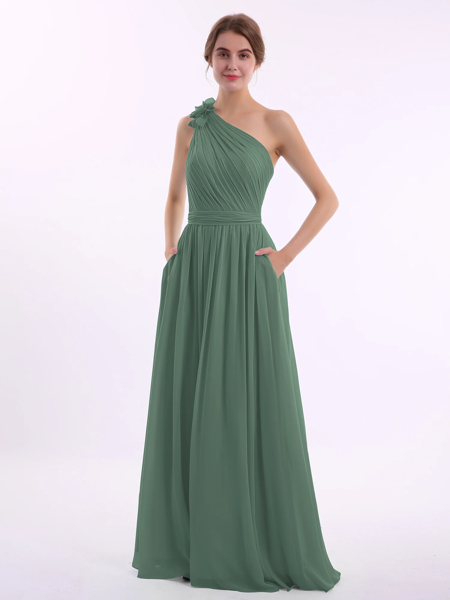 One Flower Shoulder Chiffon Dresses with Pocket Eucalyptus
