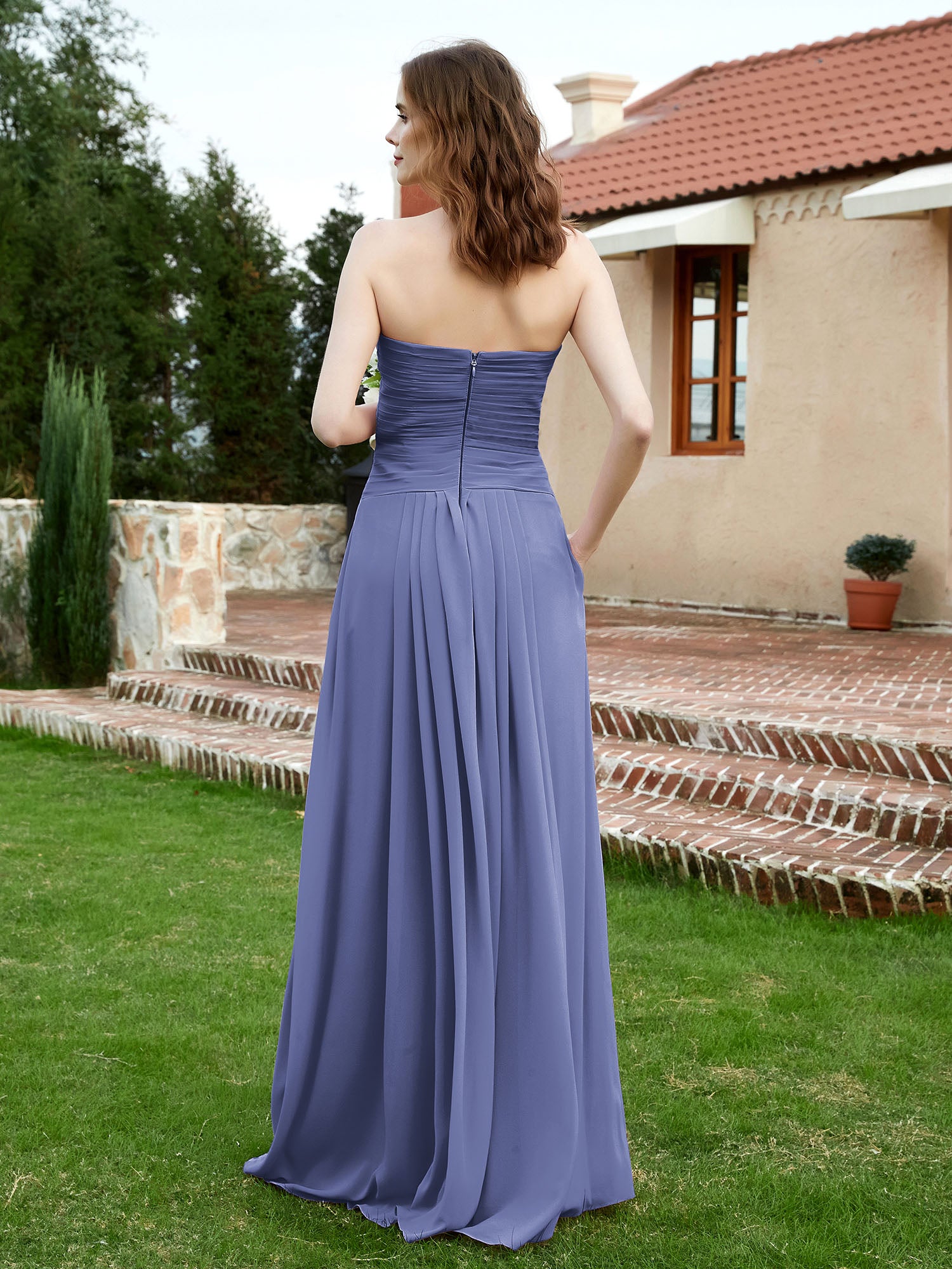 Strapless Sweetheart Neck Chiffon Bridesmaid Gown-Periwinkle - Image 2