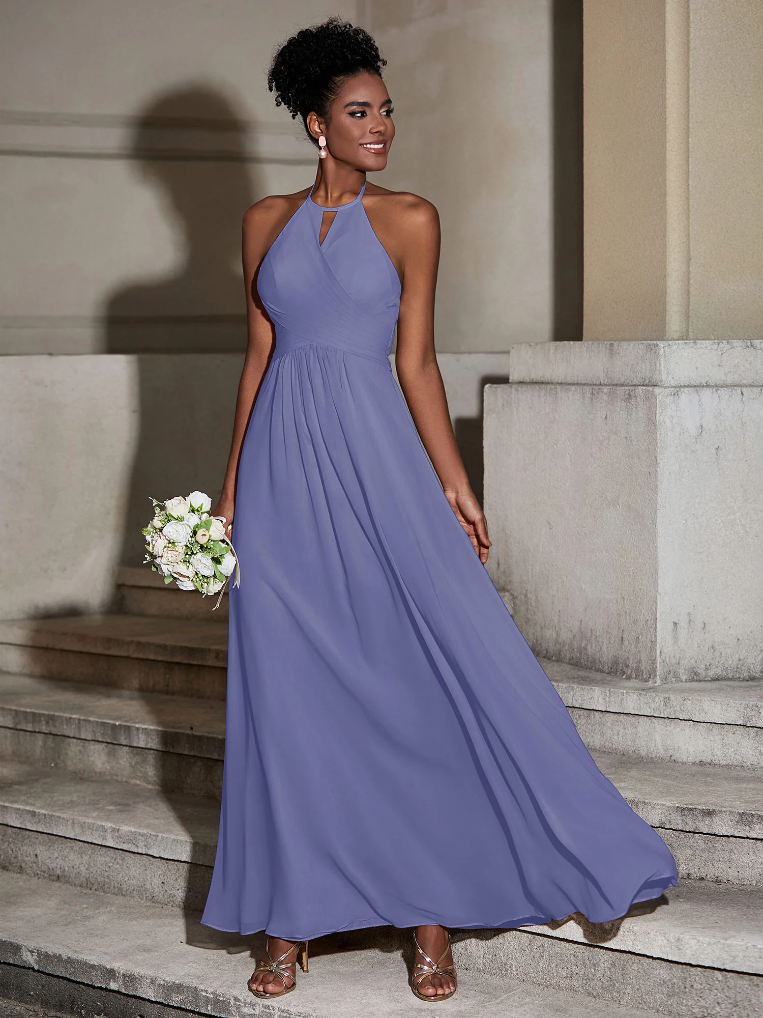 Halter Chiffon Long Dresses for Bridesmaids-Periwinkle