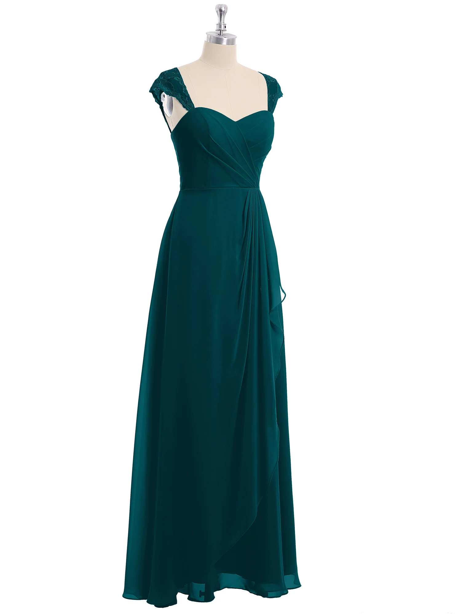 Chiffon Bridesmaid Dresses with Lace Cap Sleeves-Pine - Image 6